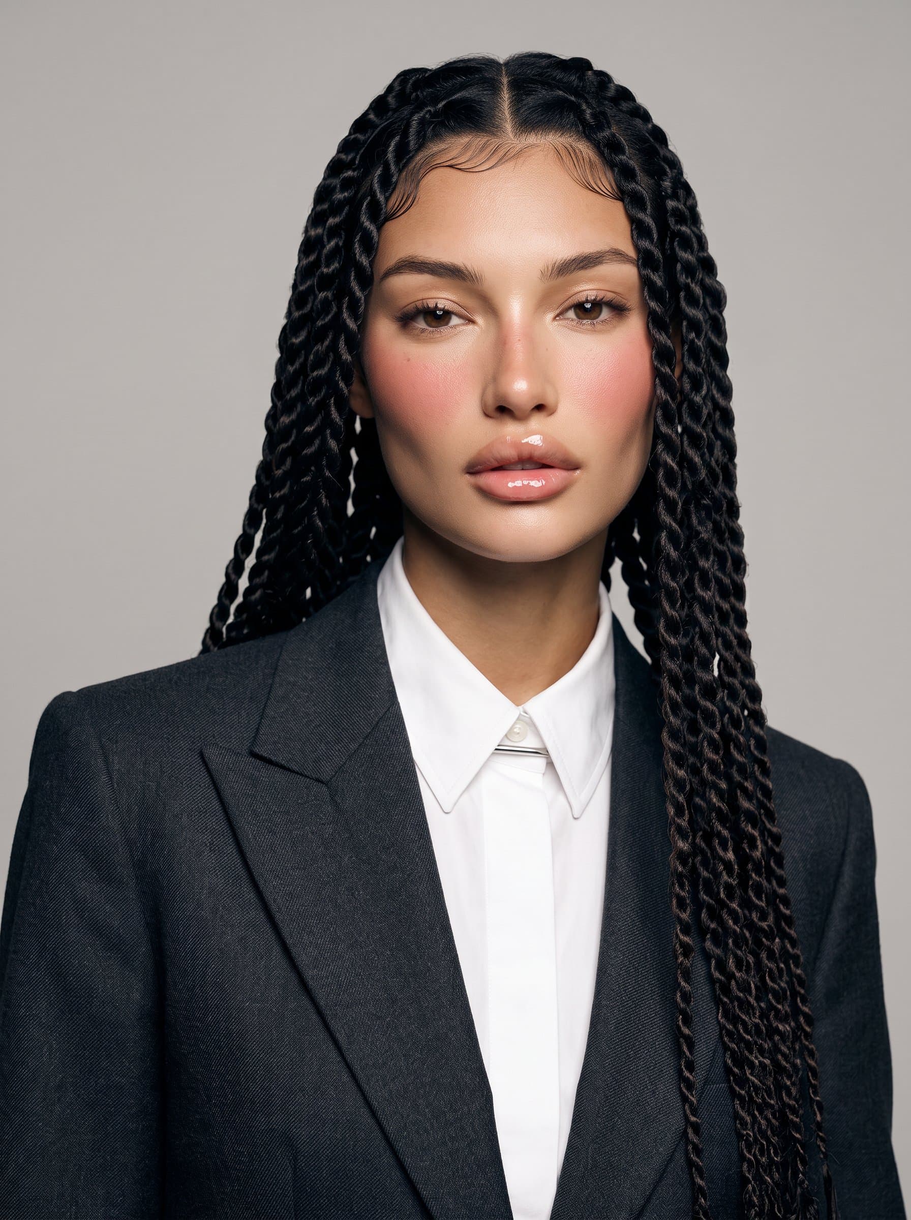 Create a headshot featuring an woman in a minimalist setting, with a focus on their sharp attire. The lighting should be sleek, enhancing the clarity and impact of the photograph.