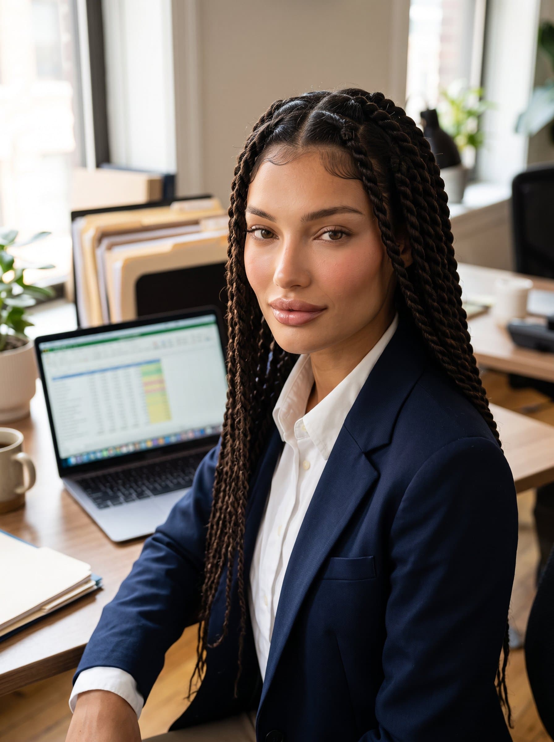 Generate a portrait of an woman sitting at a desk, with a laptop open in the background. The attire should be business casual, and the setting should suggest productivity and focus.