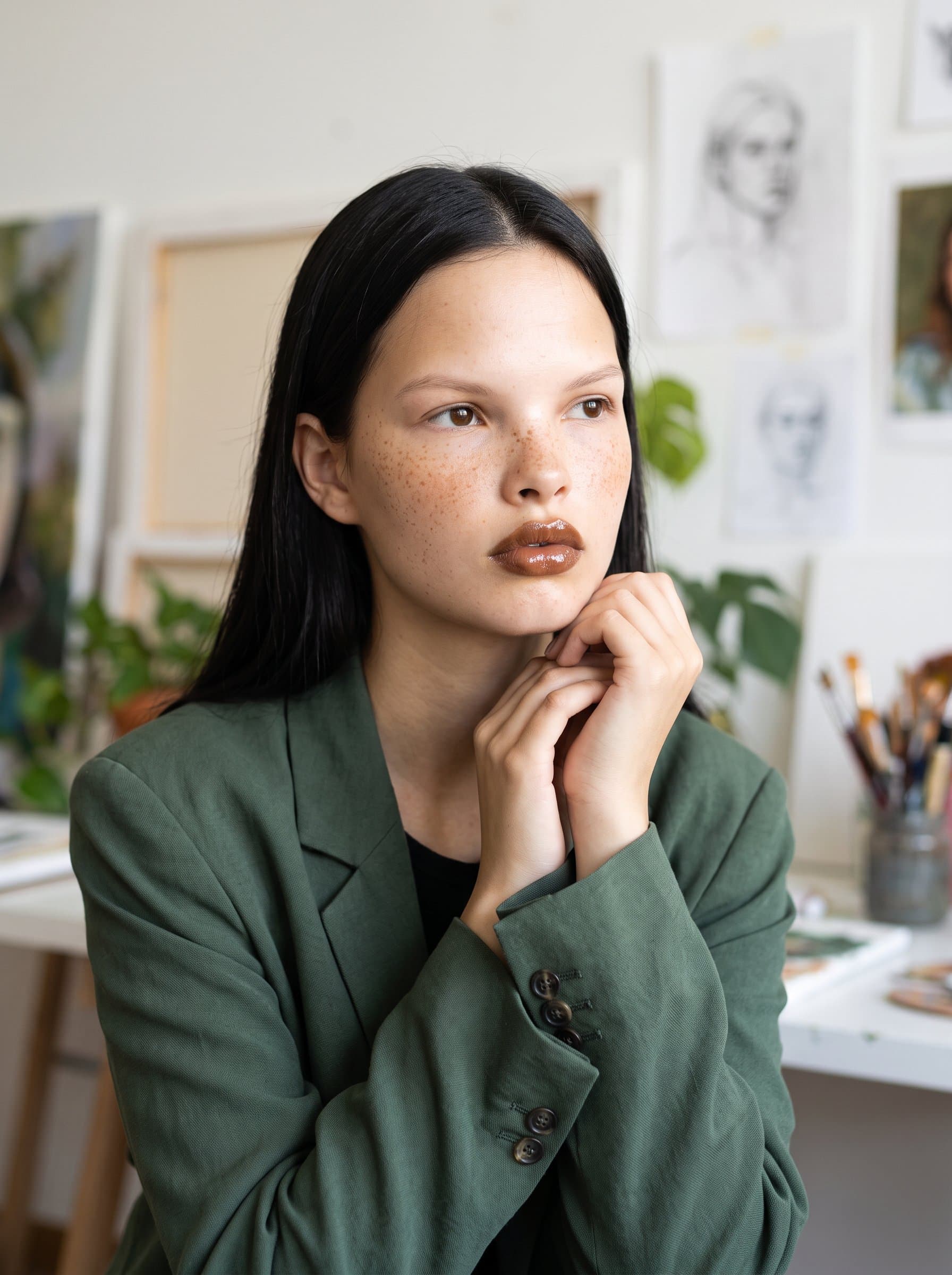 Produce a headshot that captures a creative professional vibe. The woman should have a thoughtful expression, with a studio background featuring artistic elements slightly out of focus.