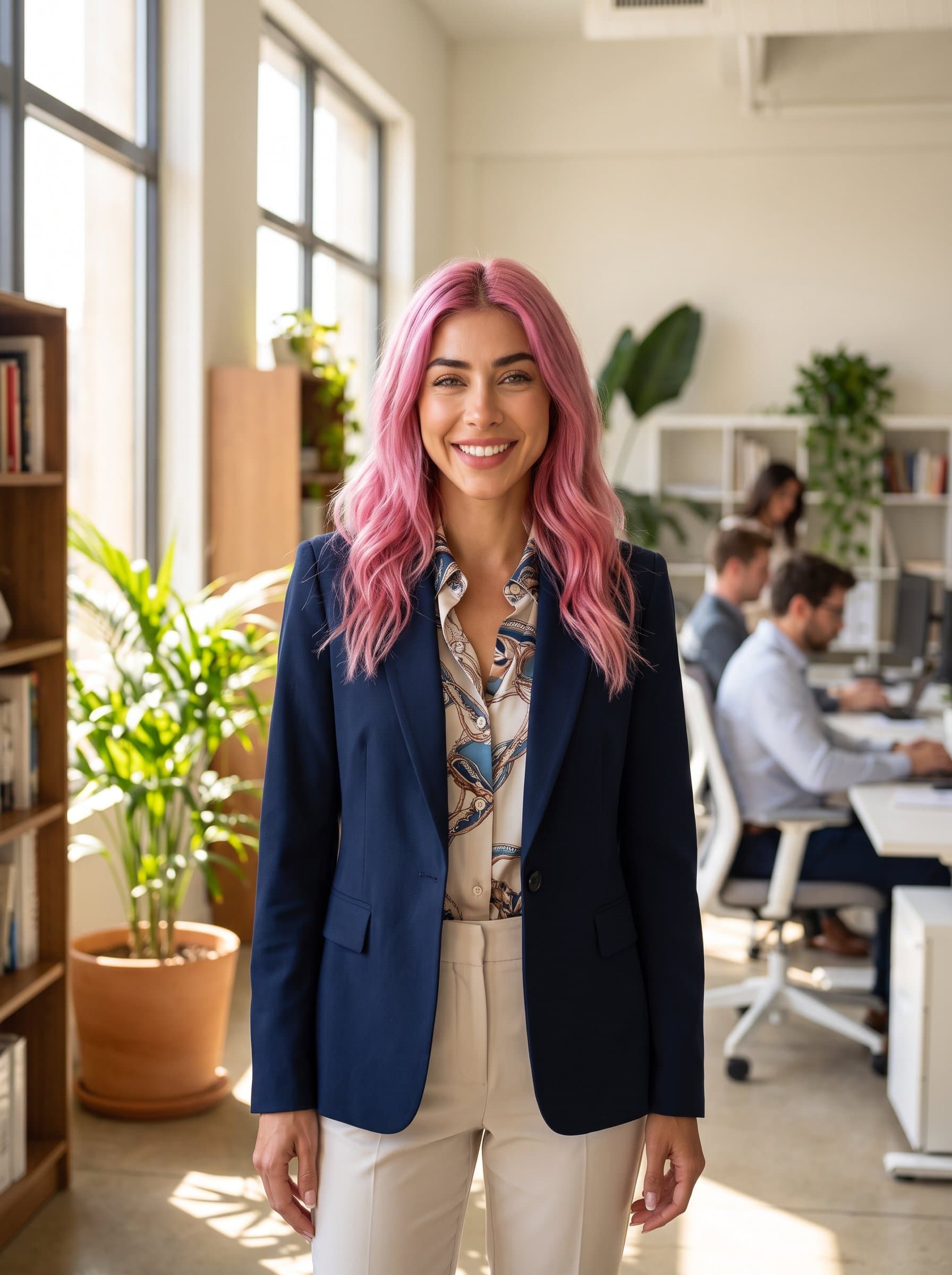 Generate a image of a woman with a friendly demeanor, wearing business casual clothing. The background should be a bright and airy office, with natural light enhancing the woman's features.