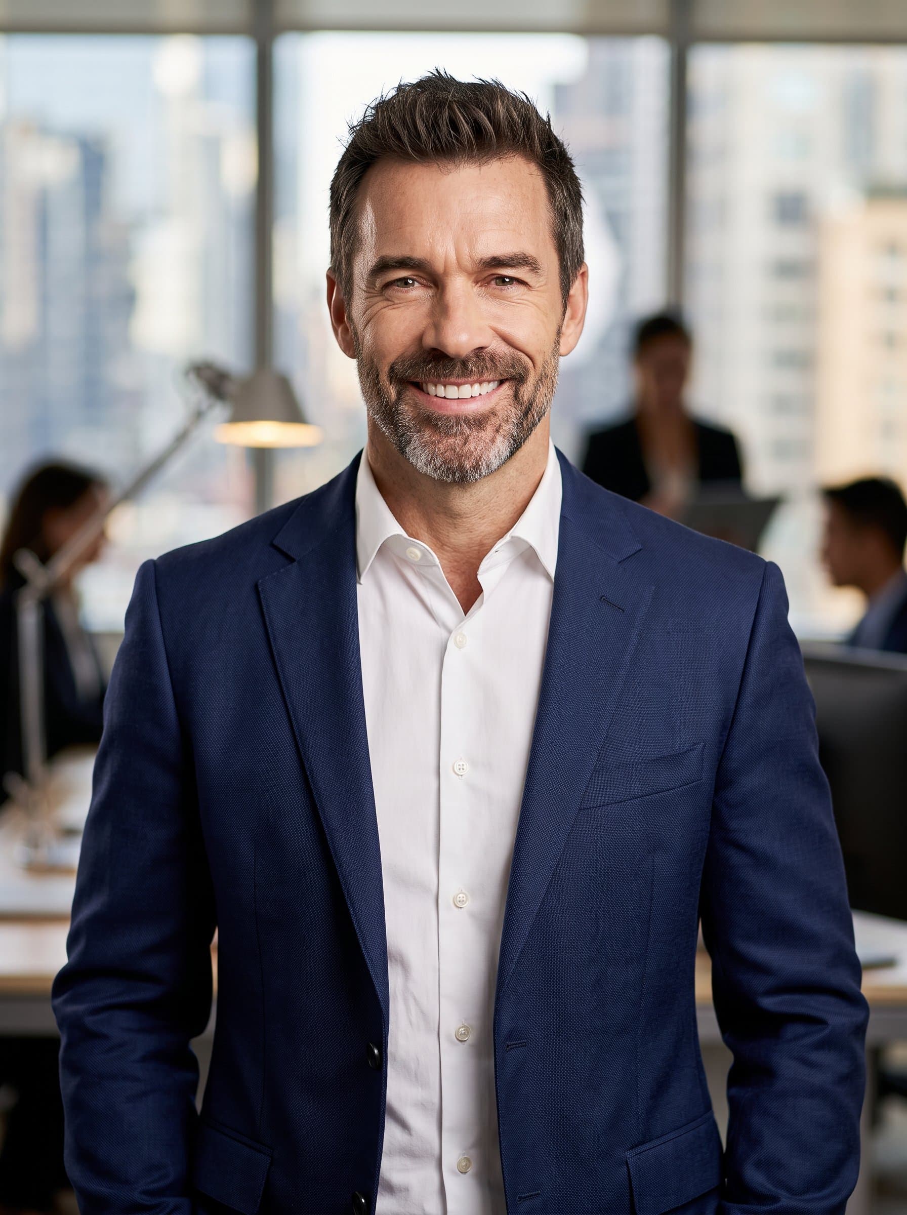 Design a headshot portraying a man with a confident smile, wearing a tailored jacket. The backdrop should hint at a bustling city office, softly blurred to emphasize the man's presence.