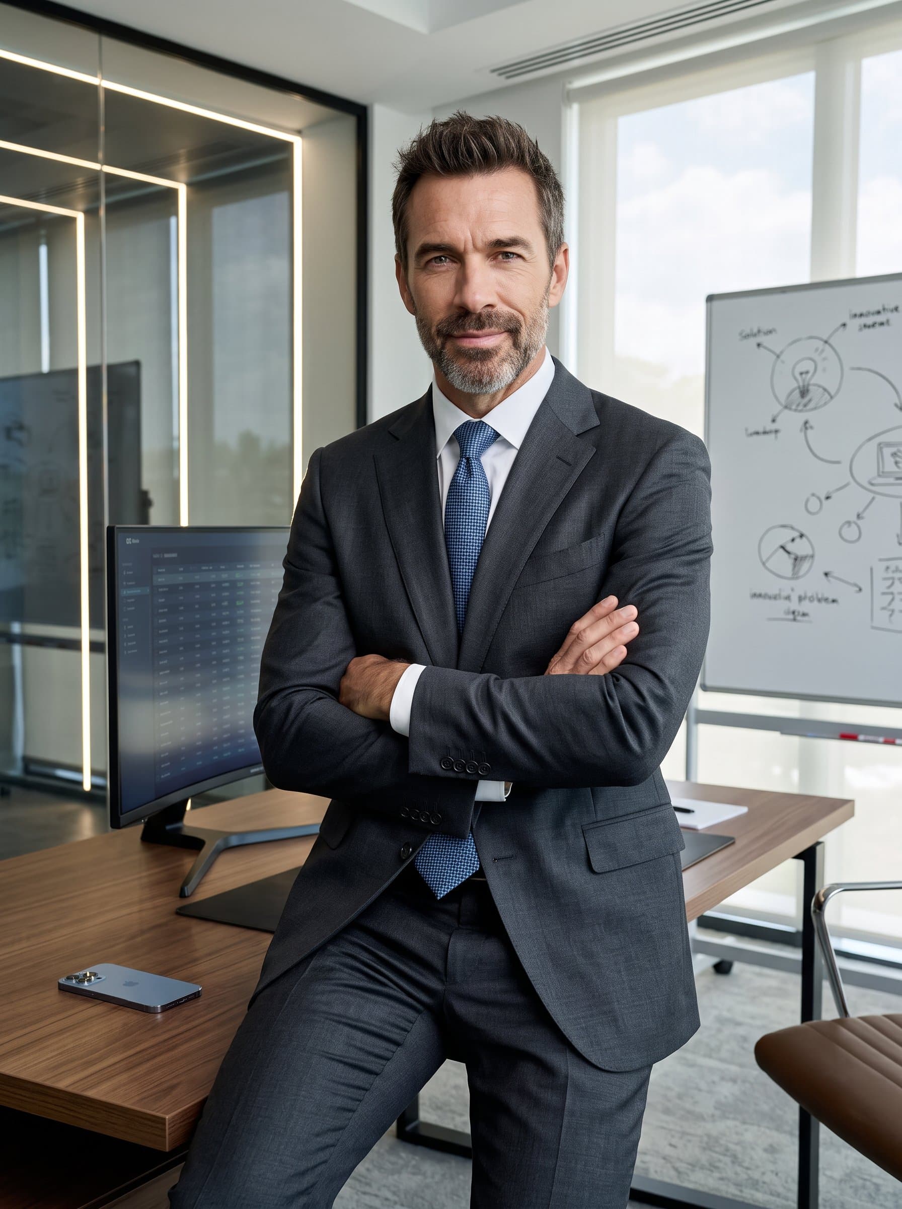 Produce a portrait capturing a dynamic professional in a stylish office. The man should exude confidence, with subtle elements of technology and innovation visible in the background.