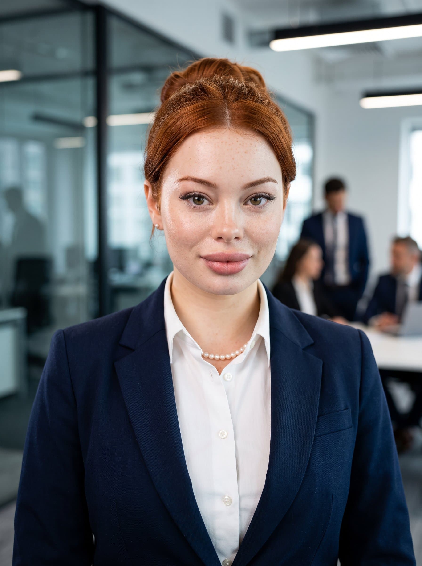 Produce a image of an woman in professional attire, with a background that suggests a modern corporate environment. Lighting should focus on the face, creating a clear and professional look.