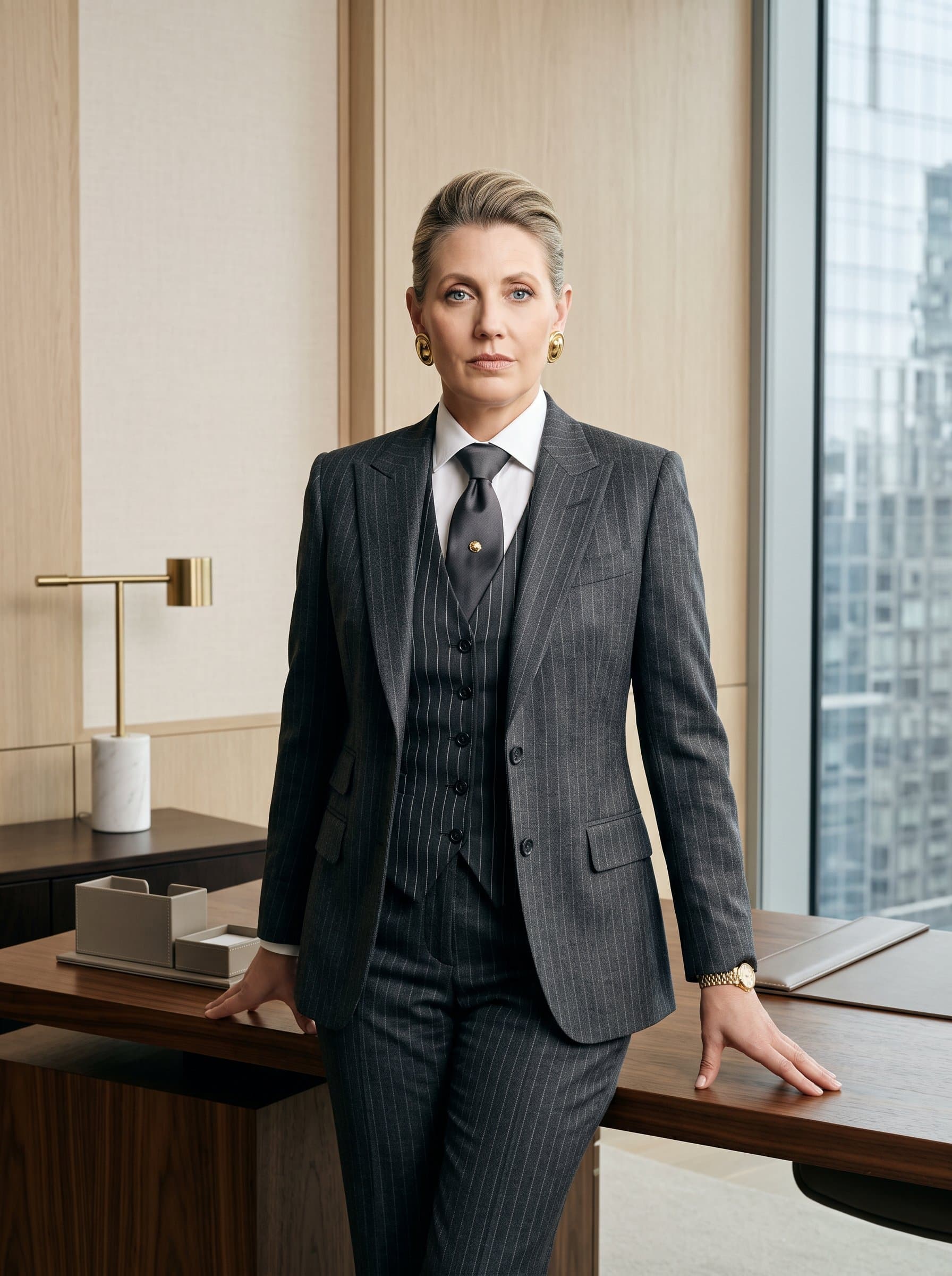 Render a portrait with an woman exuding authority, dressed in a tailored suit. The setting should imply a high-end office, with minimalistic decor and a neutral color palette for a sophisticated look.
