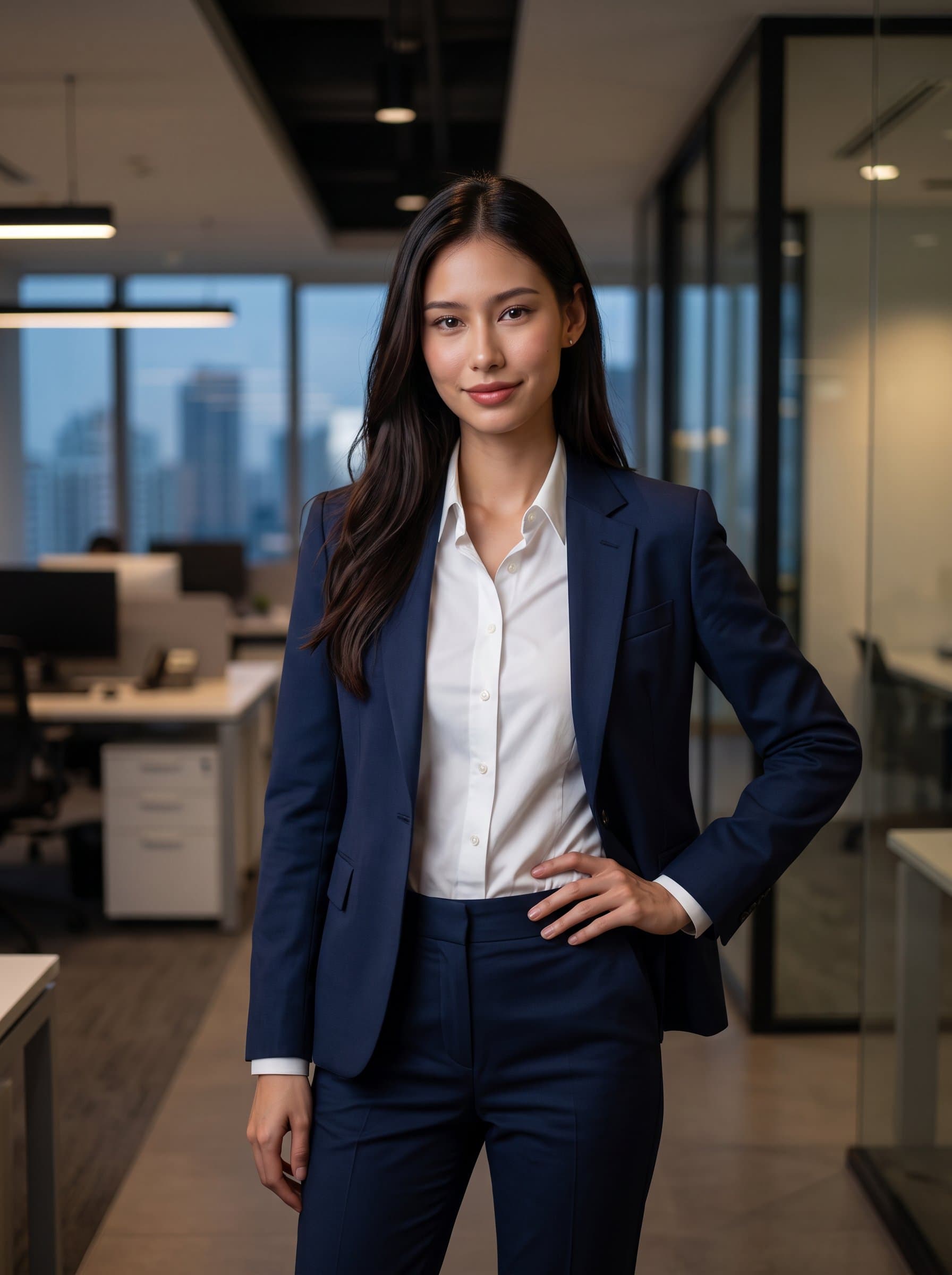 Produce a image emphasizing professionalism with a woman in formal attire. The backdrop should suggest a corporate setting, with subtle lighting that highlights the woman's features and adds depth to the photograph.