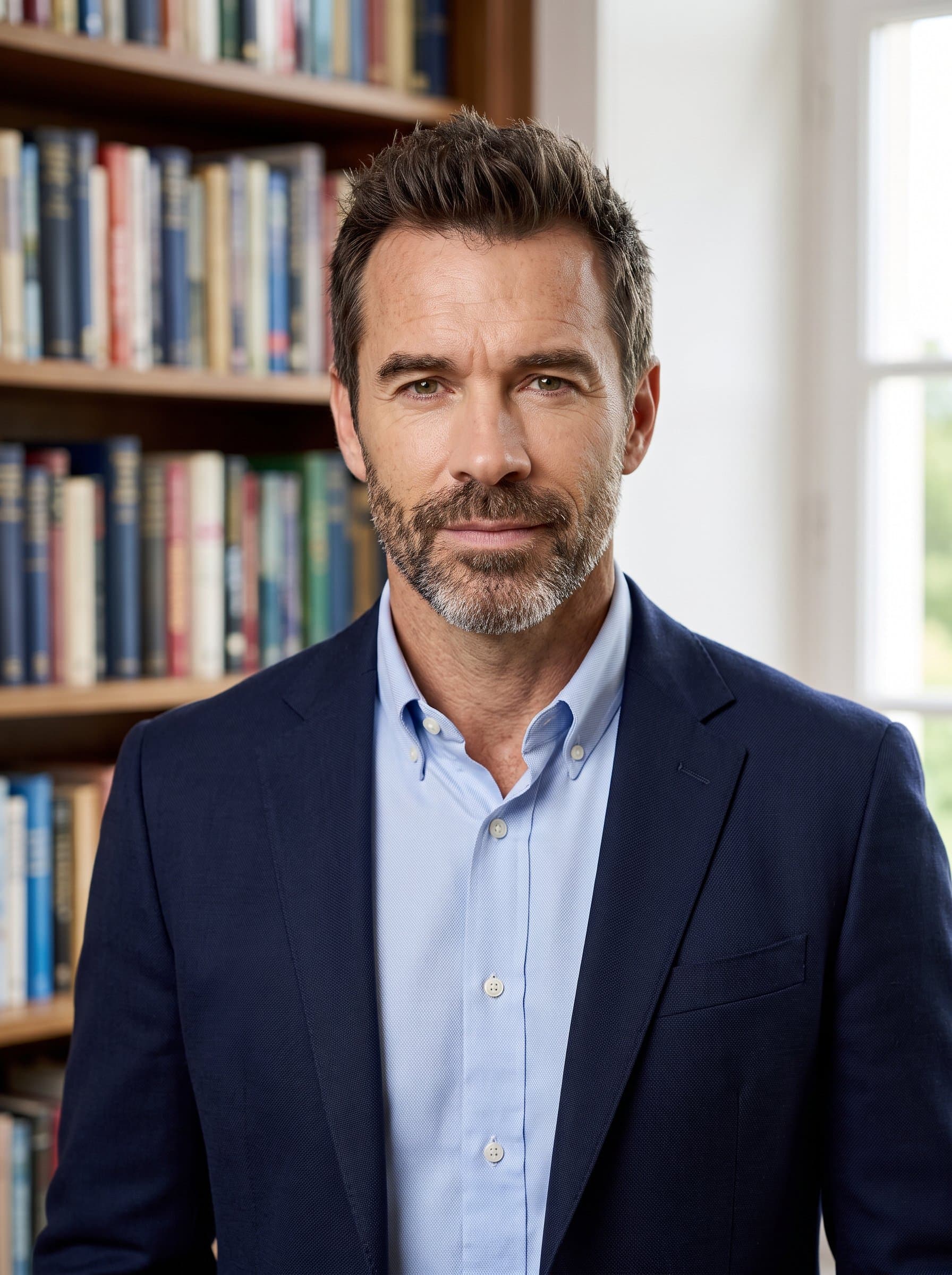 is framed against a library backdrop, suggesting wisdom and knowledge. Wearing a smart-casual outfit, this headshot conveys an image of expertise and reliability for an educational consulting firm.