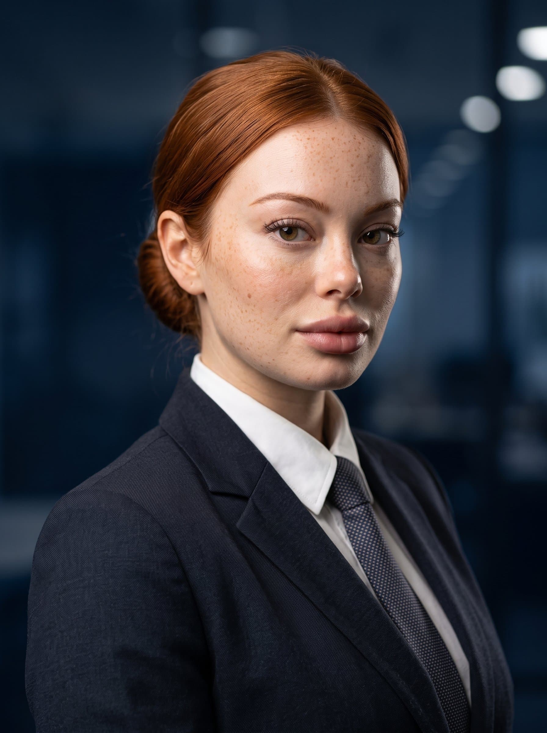 Photorealistic headshot of in a formal dark suit, using dramatic lighting to enhance facial features, set against a deep blue backdrop suggesting depth and professionalism for corporate branding.