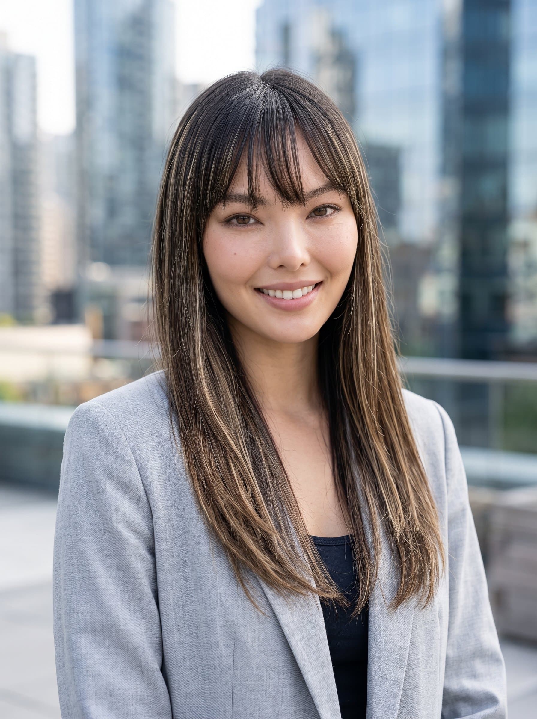 An engaging headshot of with a slight smile, wearing a light grey blazer, against an outdoor cityscape, suggesting adaptability and openness suitable for an urban-based company profile.