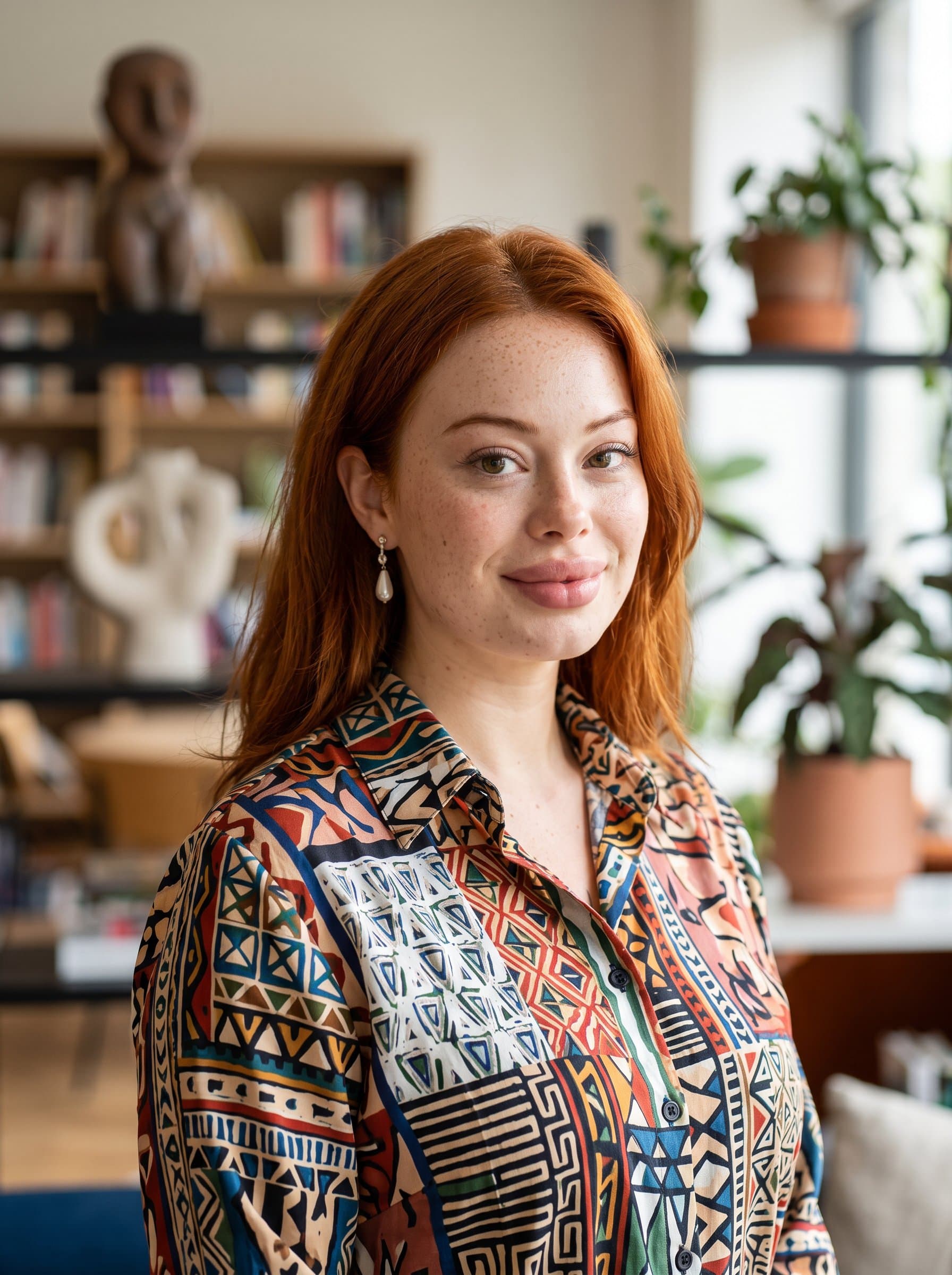 A creative headshot of wearing a vibrant patterned shirt, set in an artistic environment with soft focus, blending professionalism with a hint of creativity for a dynamic corporate culture.