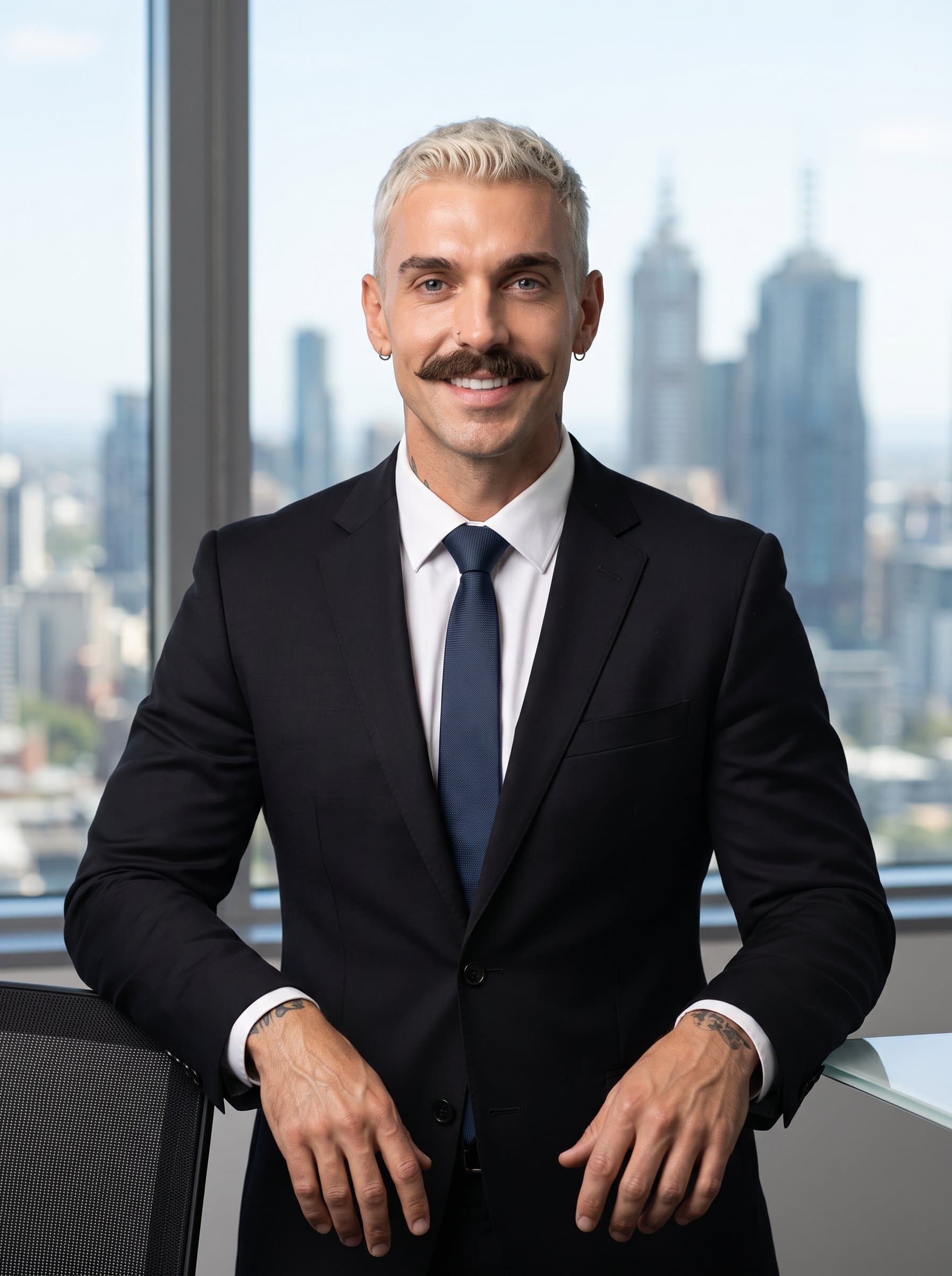 Capture with a strong leadership presence, in a black suit, against the skyscraper view from an office window, radiating ambition and stability for an executive page on a corporate site.