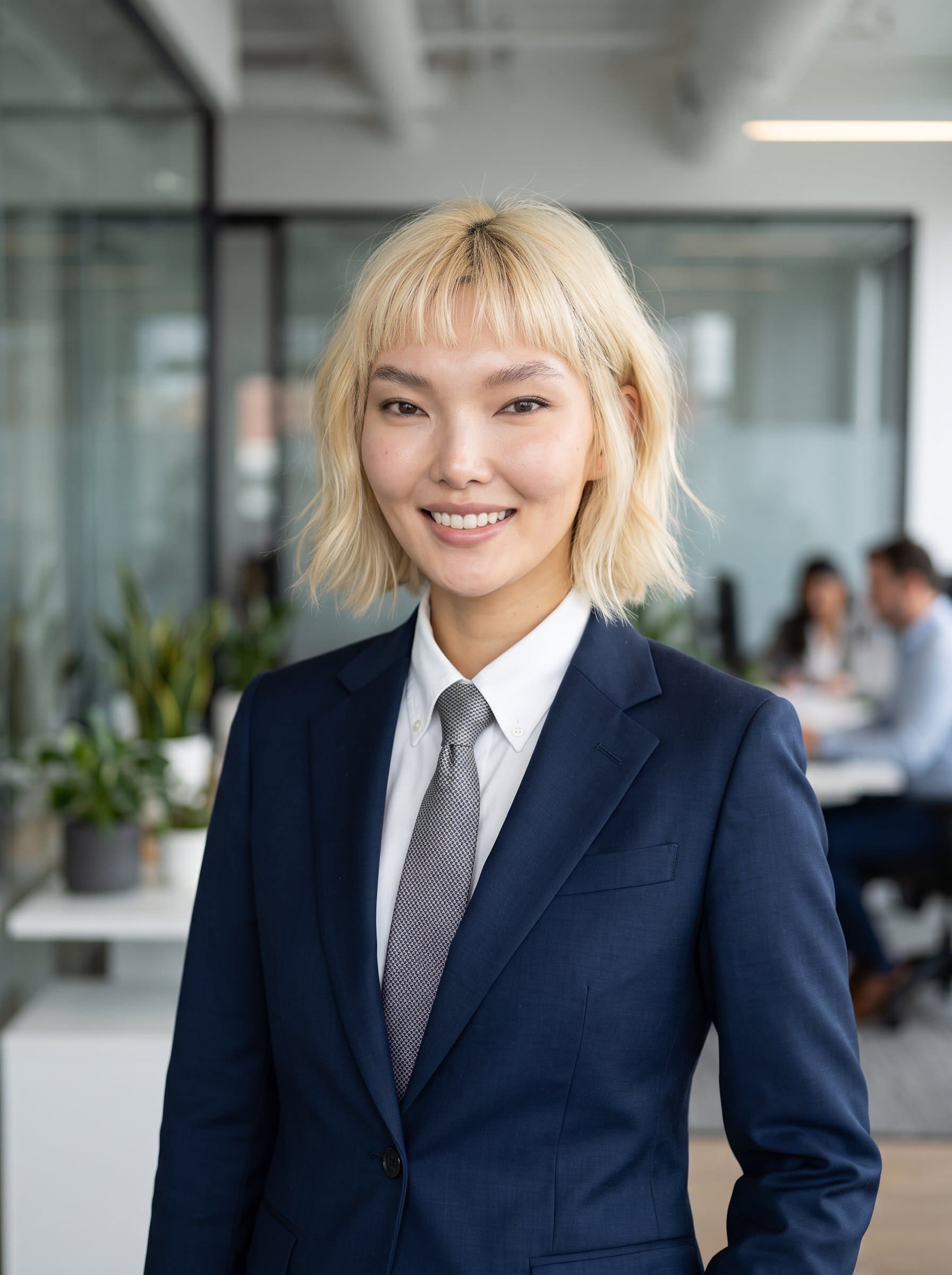 a photorealistic headshot of a business professional in a classic navy suit standing against a blurred office background, exuding confidence and approachability, ready for the company website.