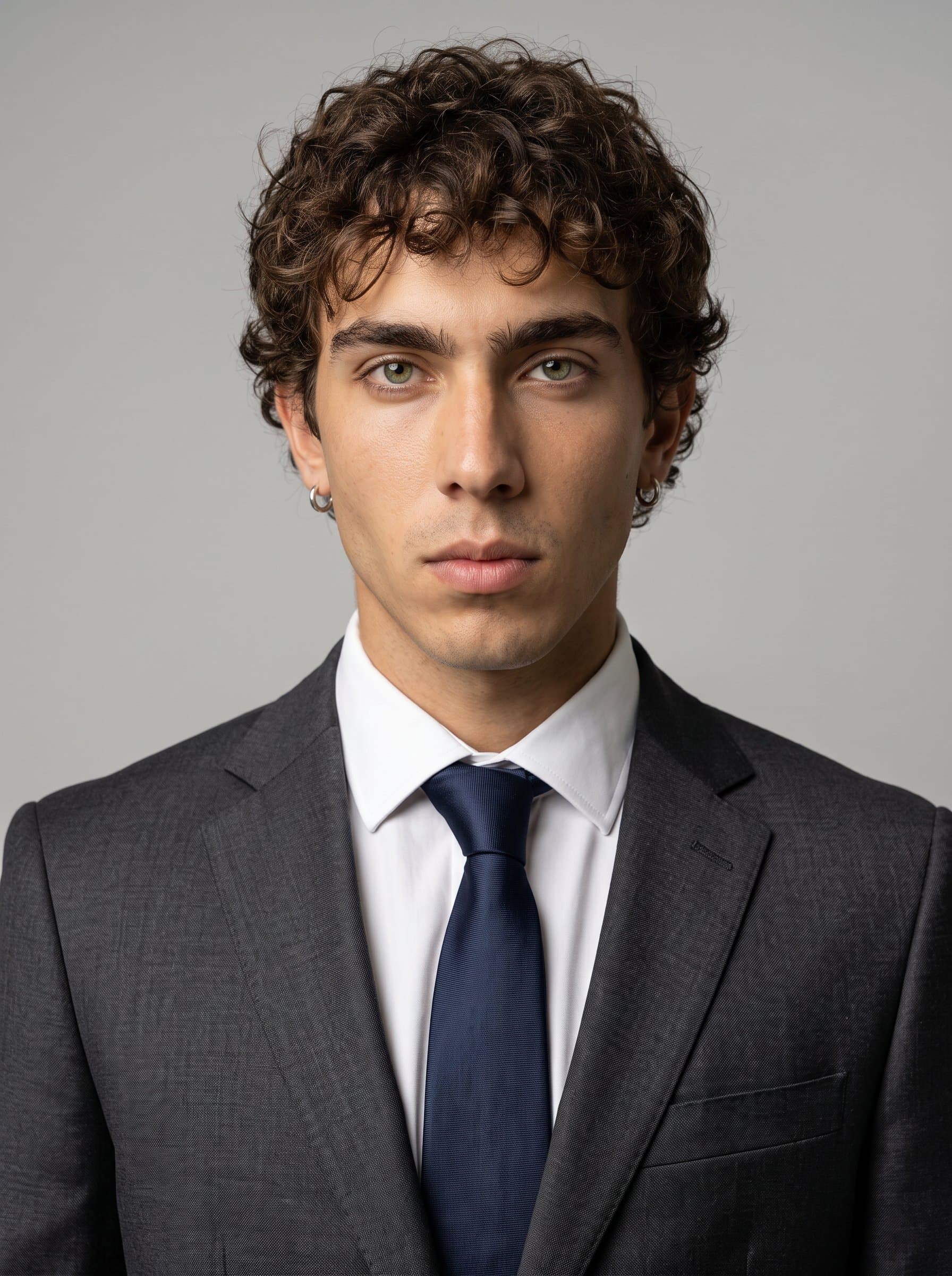 Professional headshot of against a monochrome background, with a clean, symmetrical composition, dressed in smart business attire, exuding precision and clarity for a finance firm's website.