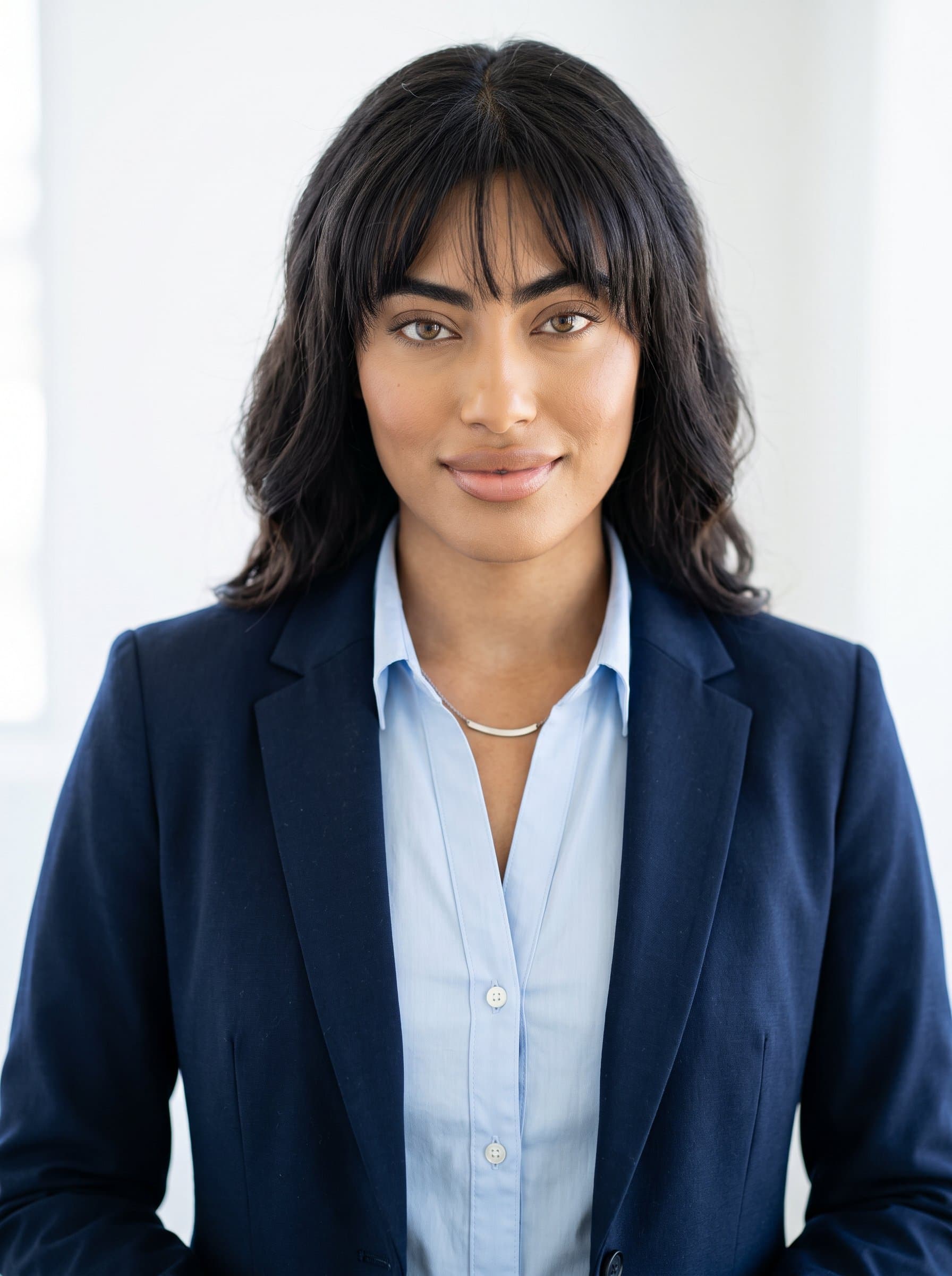 Headshot of in a clean, white space, dressed in business attire with a subtle, confident smile, embodying the values of transparency and efficiency for a modern corporate website.