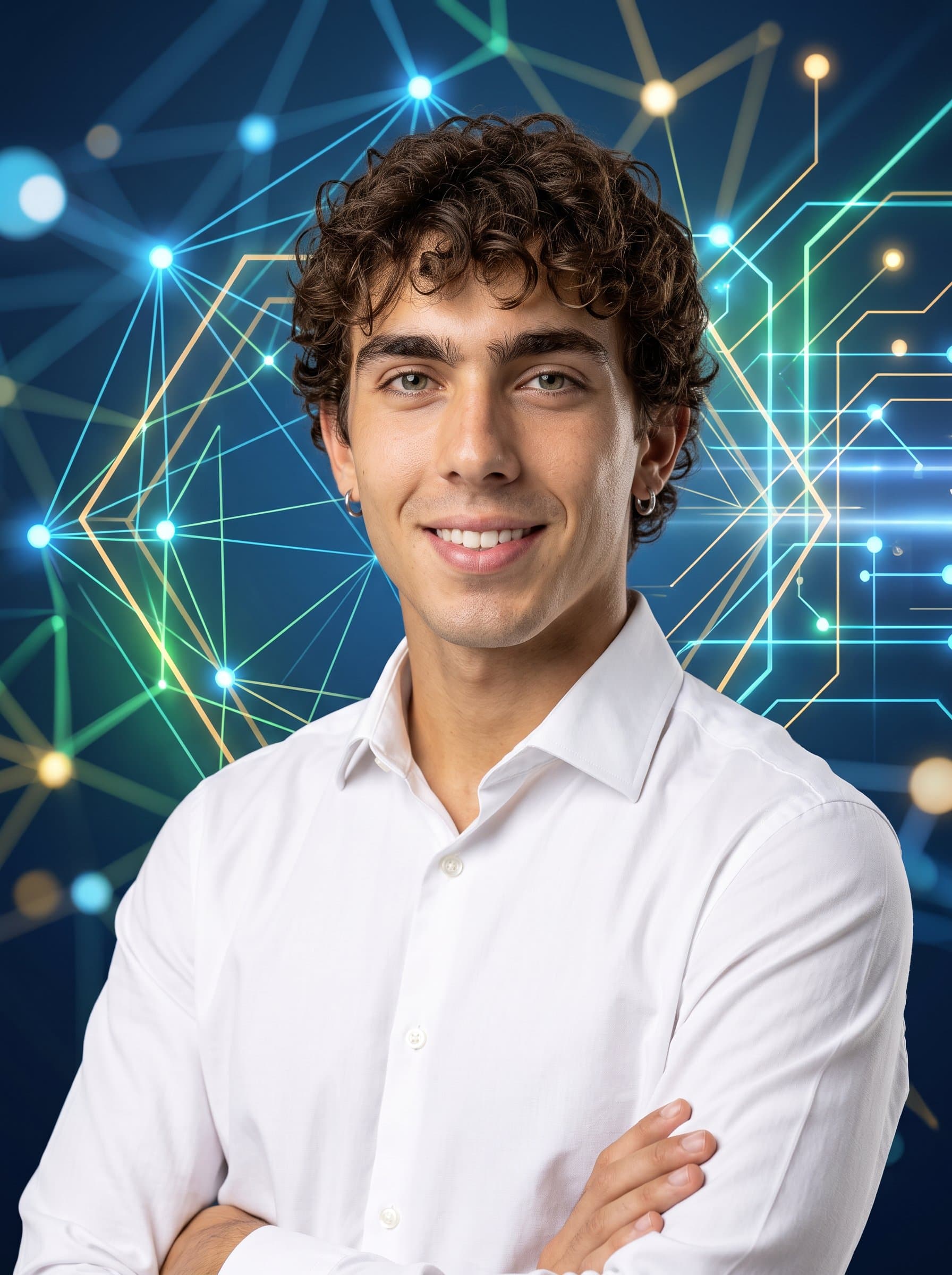 Photorealistic image of against an abstract geometric background, dressed in a crisp white shirt and representing innovation and creativity in the tech industry for a company profile.