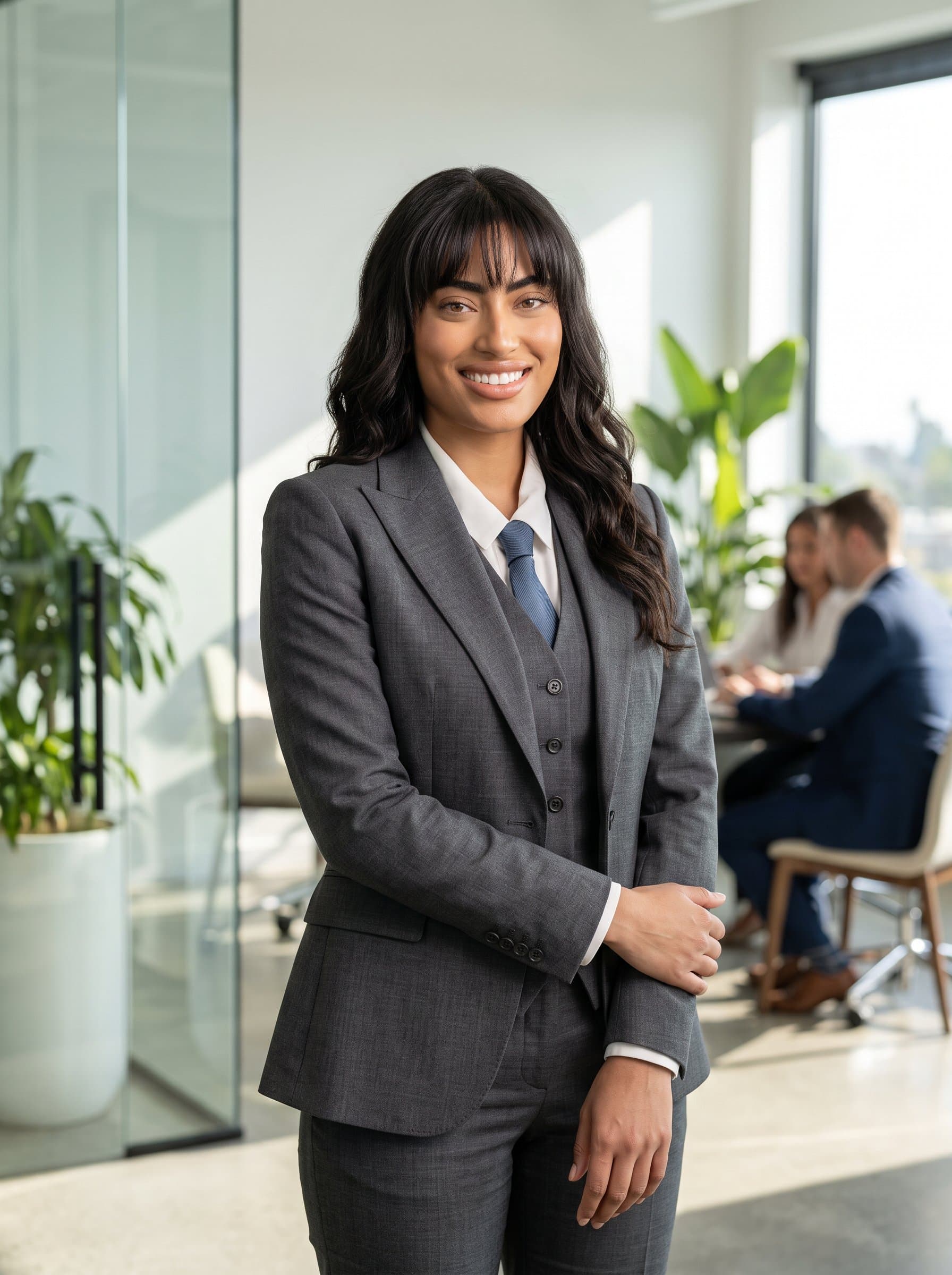 stands confidently in a contemporary office setting, wearing a tailored grey suit. The shot uses natural light, creating a warm, inviting, and trustworthy presence for a company website's executive team page.