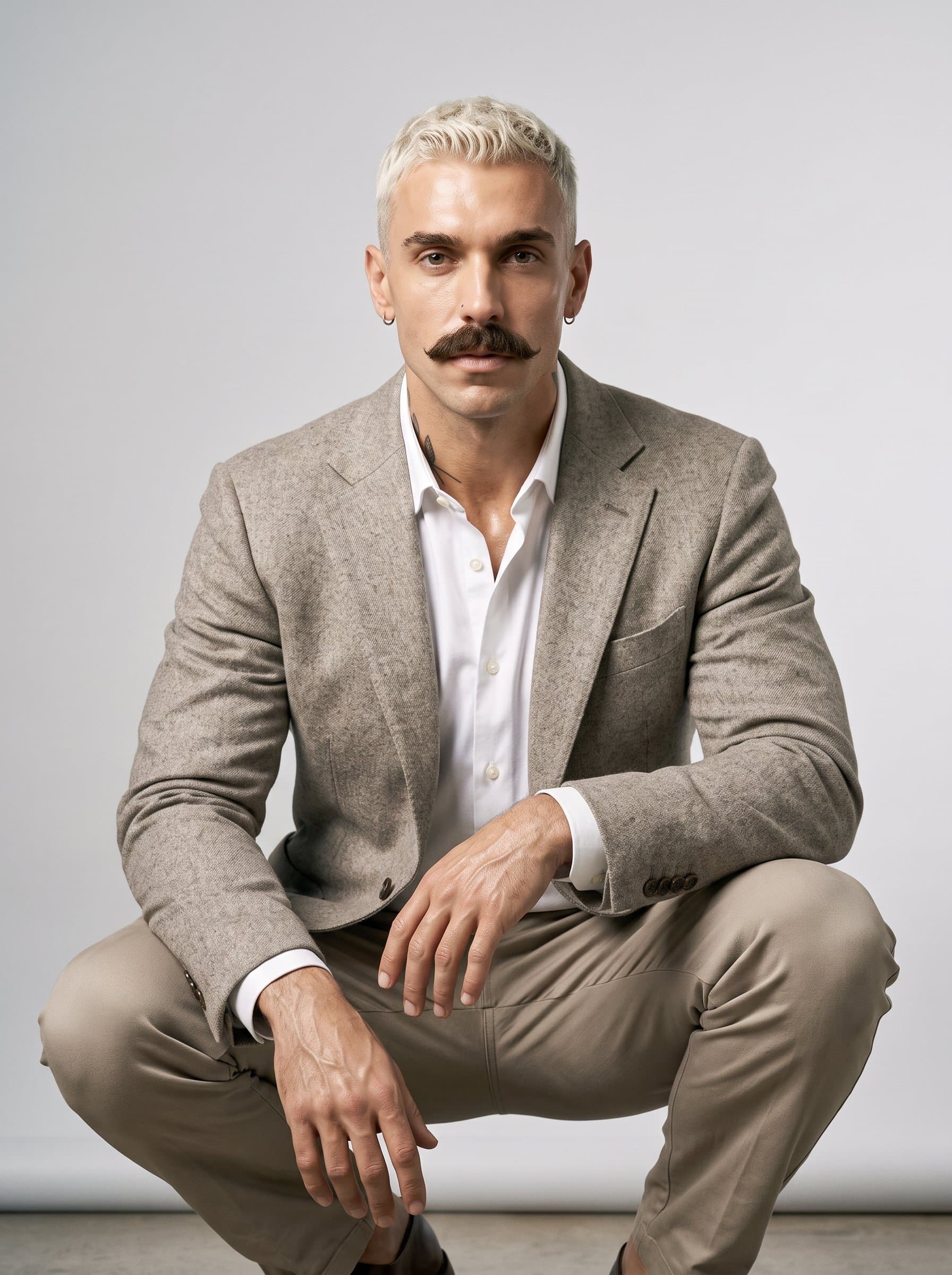 Capture with a modern and sleek aesthetic, featuring a neutral-toned blazer, soft lighting, and a minimalistic studio background, highlighting professionalism and forward-thinking for corporate branding.
