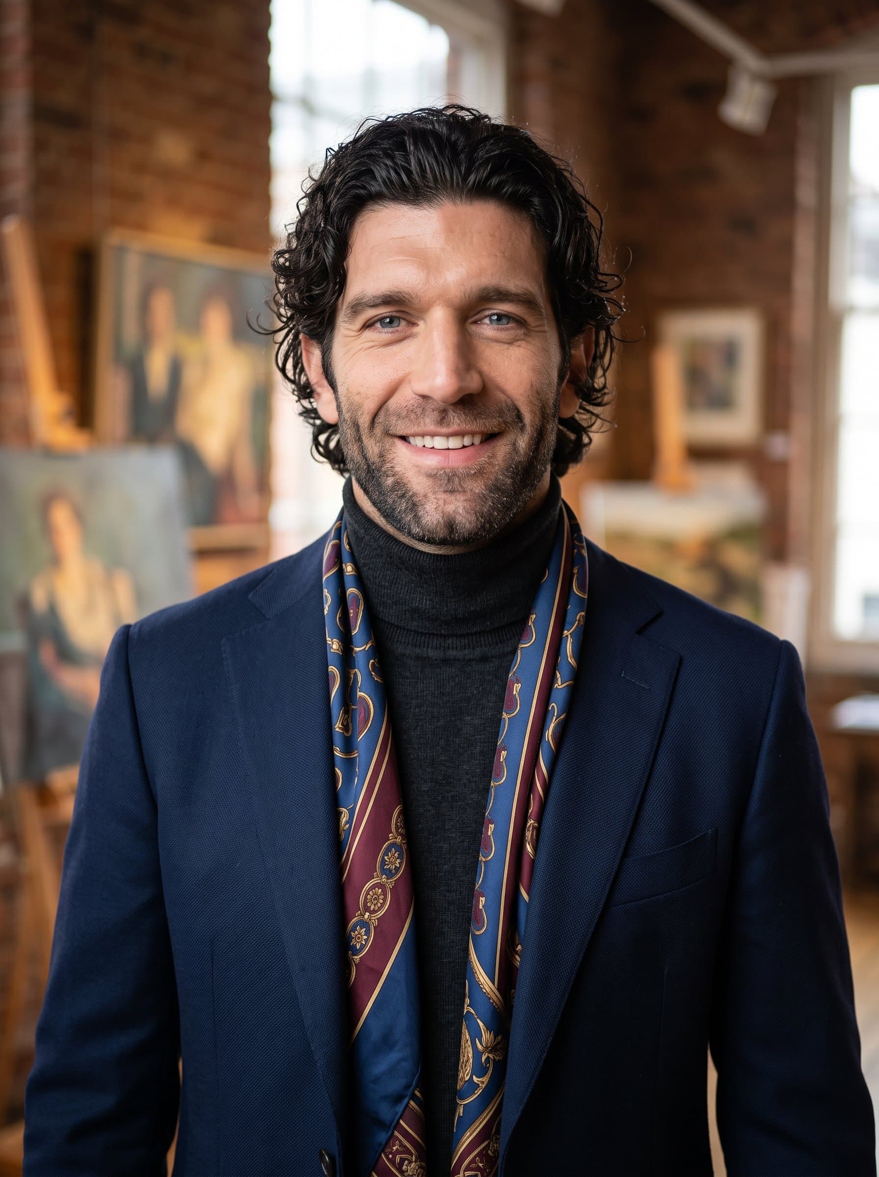 is positioned in a softly lit studio, wearing a smart jacket with an elegant scarf, conveying warmth and professionalism, ideal for an art gallery's sophisticated website profile.