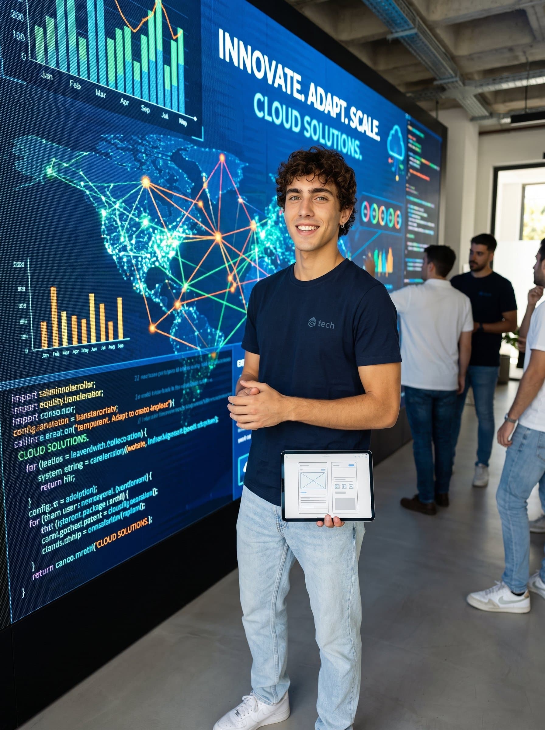 in a high-resolution image, standing in front of a tech-infused digital screen, dressed casually with a focus on innovation and adaptability for a startup’s vibrant company website.