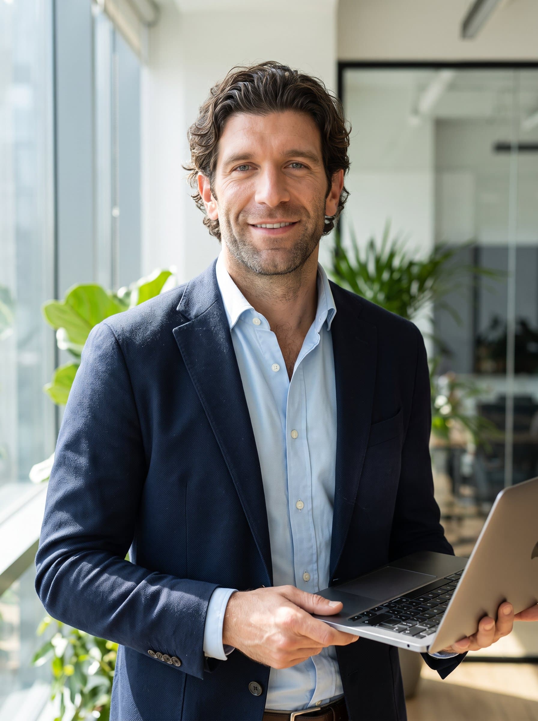 Headshot of in a sunlit office corner, wearing business casual attire with a laptop in hand, projecting versatility and readiness for a corporate website focused on digital transformation.