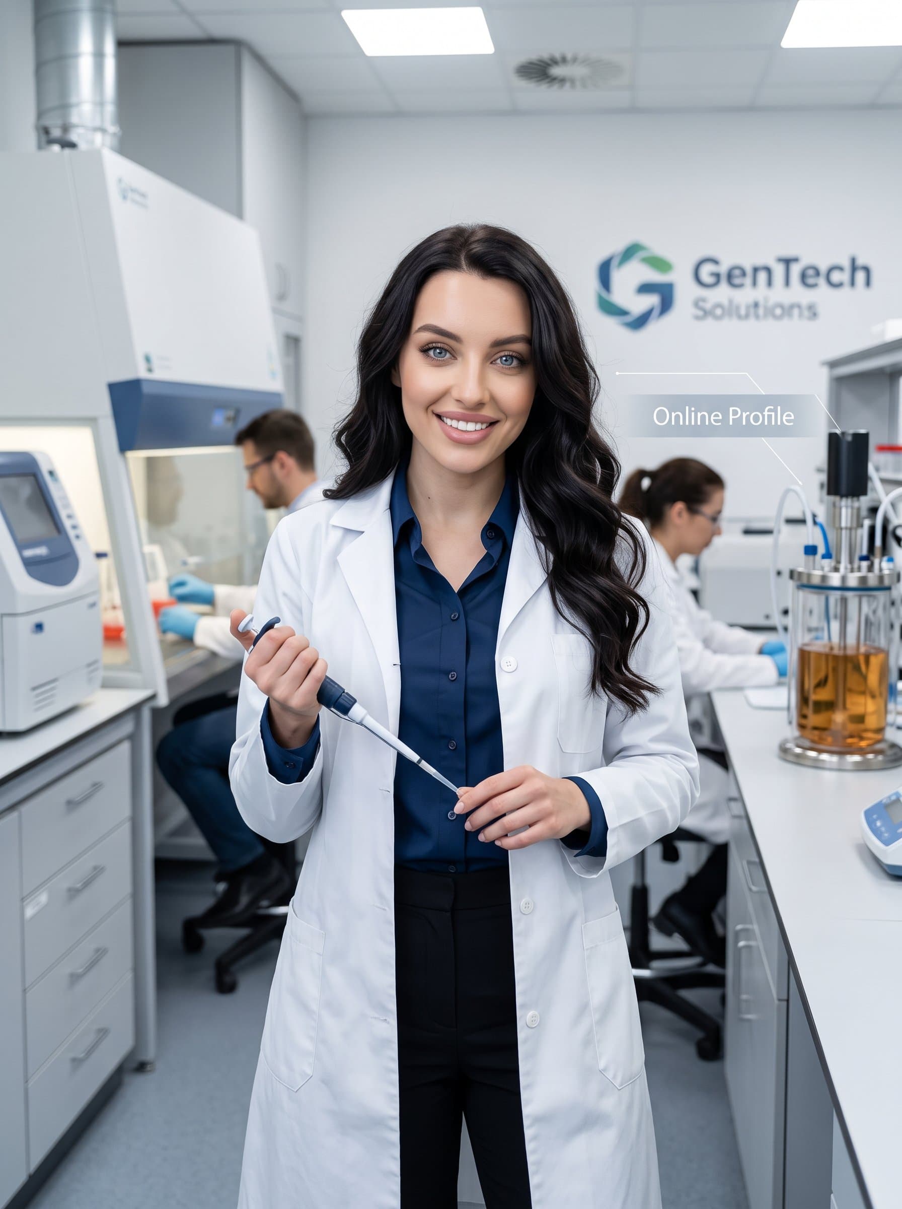 stands against a state-of-the-art laboratory backdrop, dressed in a lab coat and professional attire, showcasing expertise and cutting-edge innovation for a biotech company's online profile.