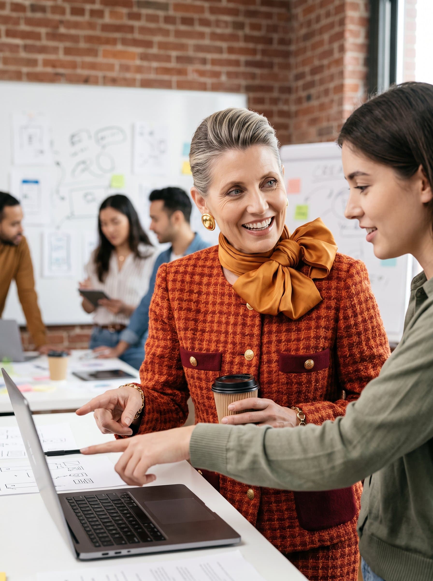 Capture in a collaborative workspace, wearing a smart jacket and an engaging demeanor, suggesting teamwork and innovation, perfect for a creative agency's team introduction page.