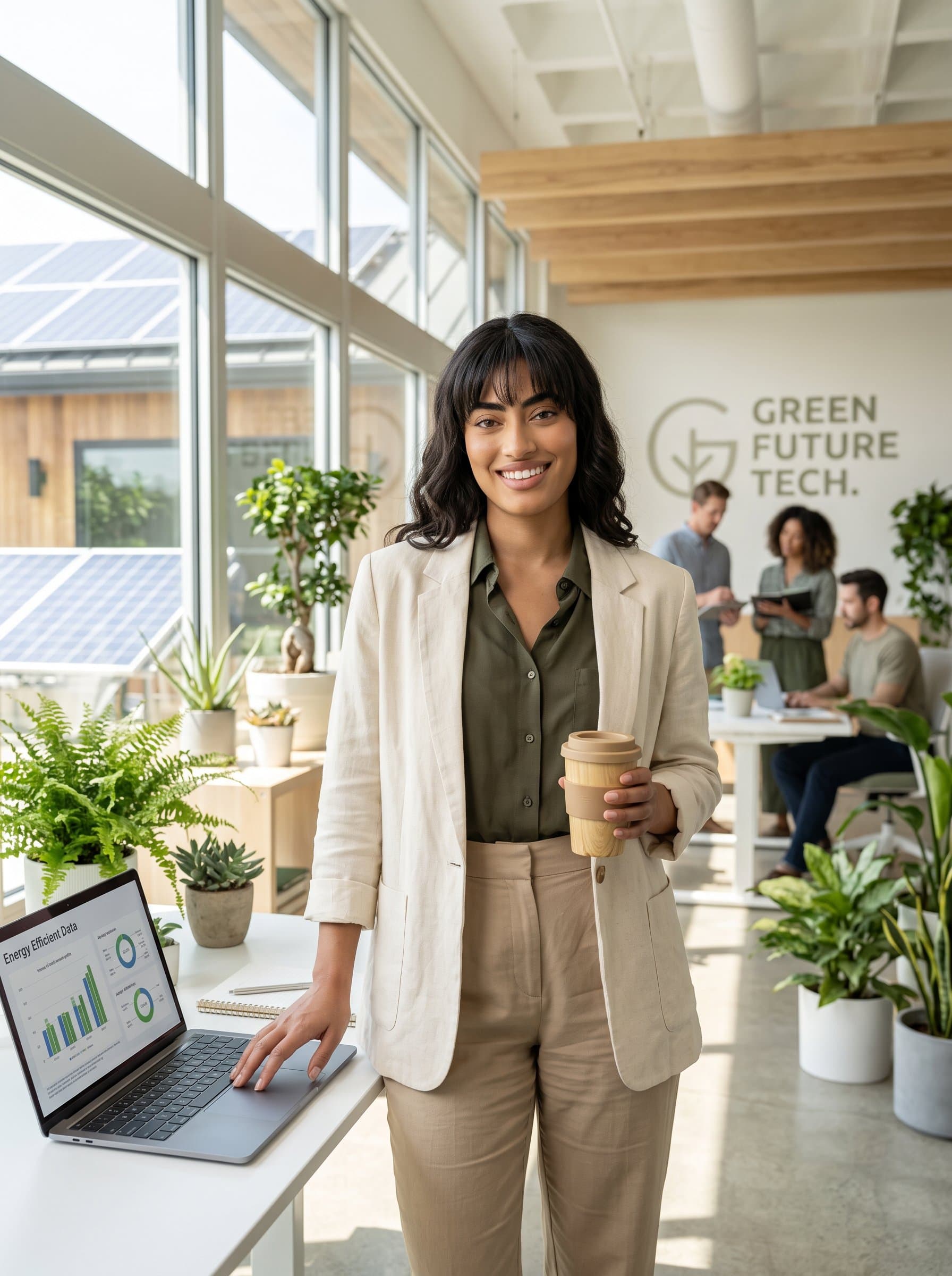 Capture in a bright, airy setting with natural elements, wearing eco-friendly business casual attire, emphasizing sustainability and a forward-thinking approach for a green tech company site.