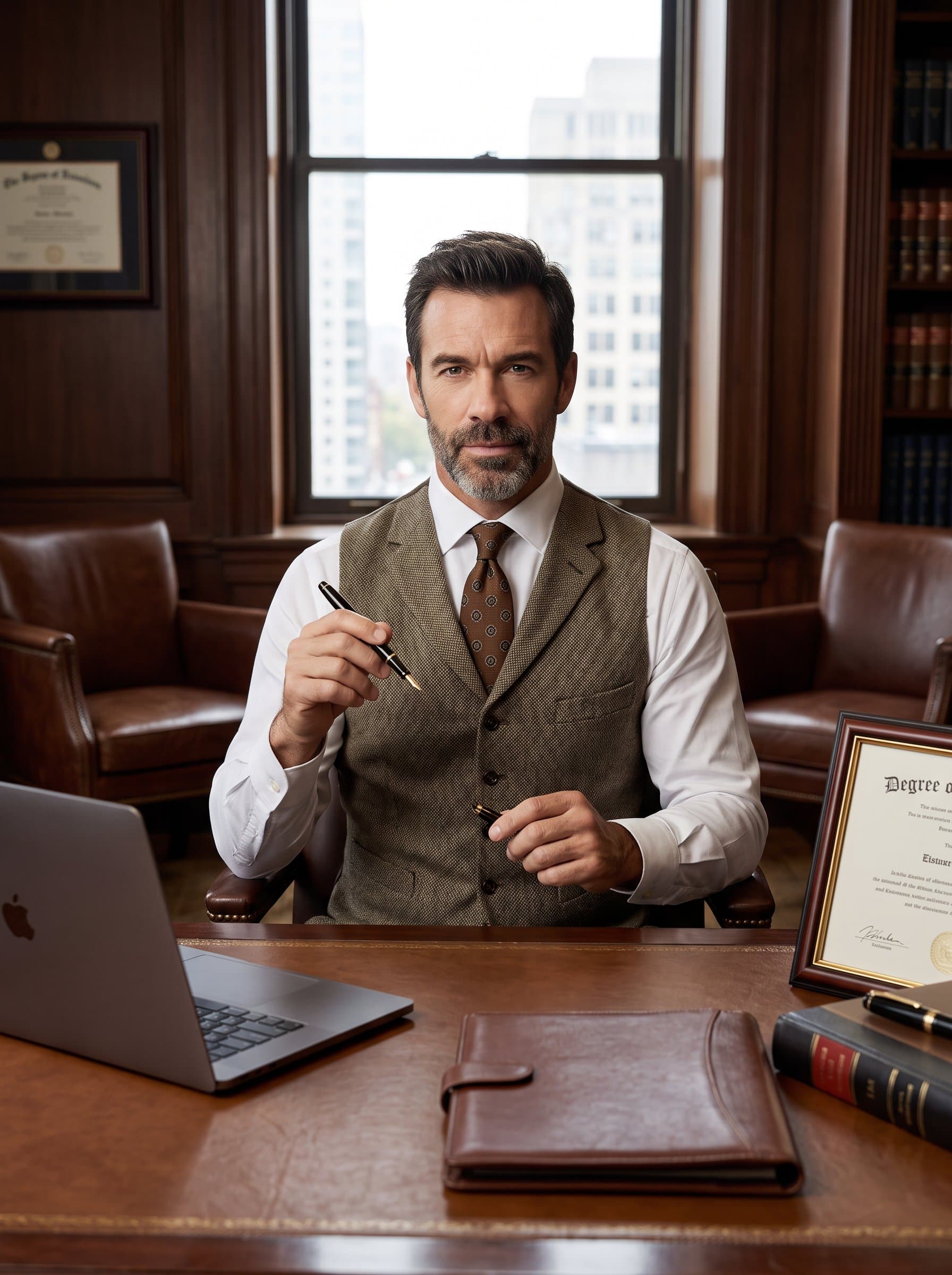 Photorealistic image of in a traditional office setting, dressed in a vintage tie and vest, blending classic with modern elements, suitable for a traditional law firm's website.