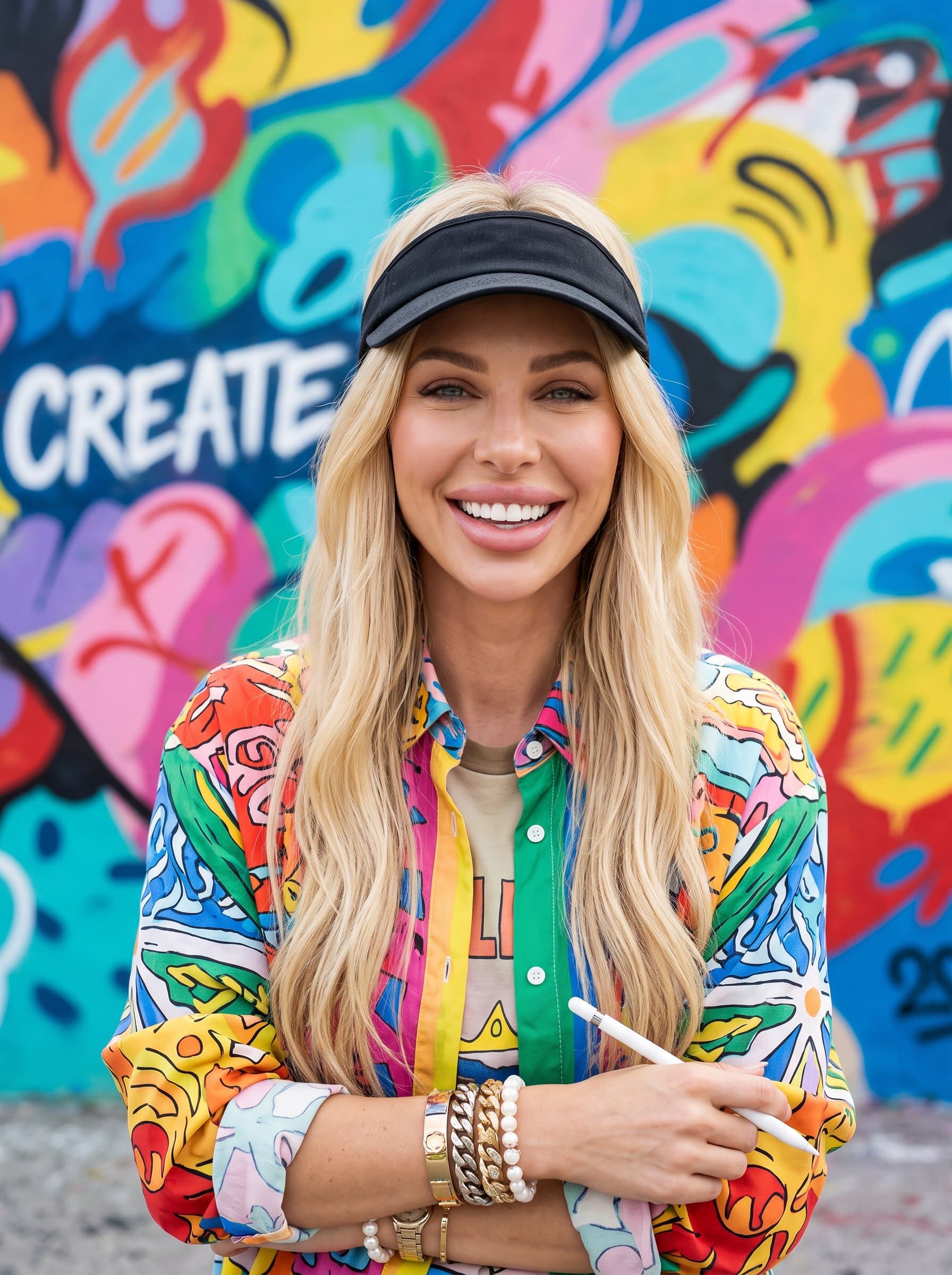 Headshot of against a colorful mural, in vibrant casual wear, showing creativity and diversity, ideal for a digital marketing company's dynamic team page.
