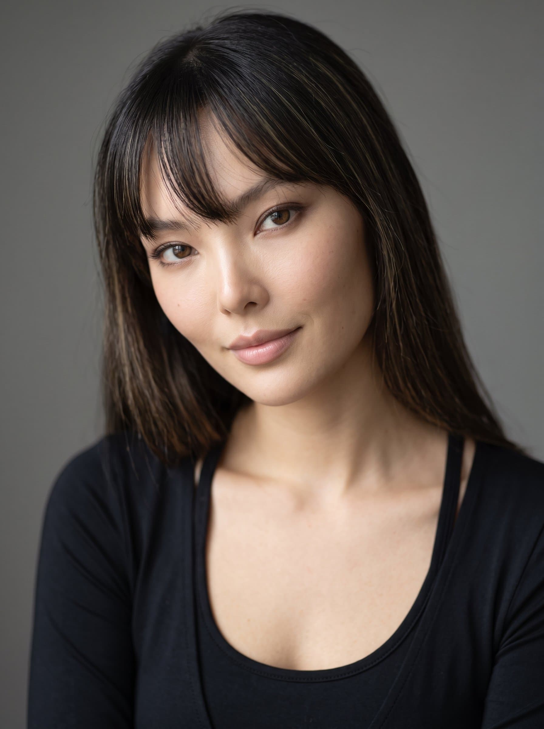 Design a headshot with a dynamic pose, as the woman tilts their head slightly, suggesting attentiveness and curiosity. Utilize soft lighting and a nondescript backdrop to maintain a professional essence.