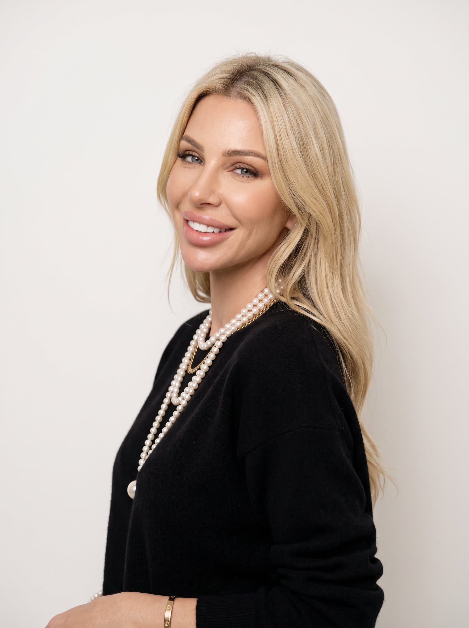 Design a headshot where the woman is slightly turned to the side, exuding openness and creativity. Ensure even lighting to avoid shadows, with a minimalistic background that keeps the focus on the face.