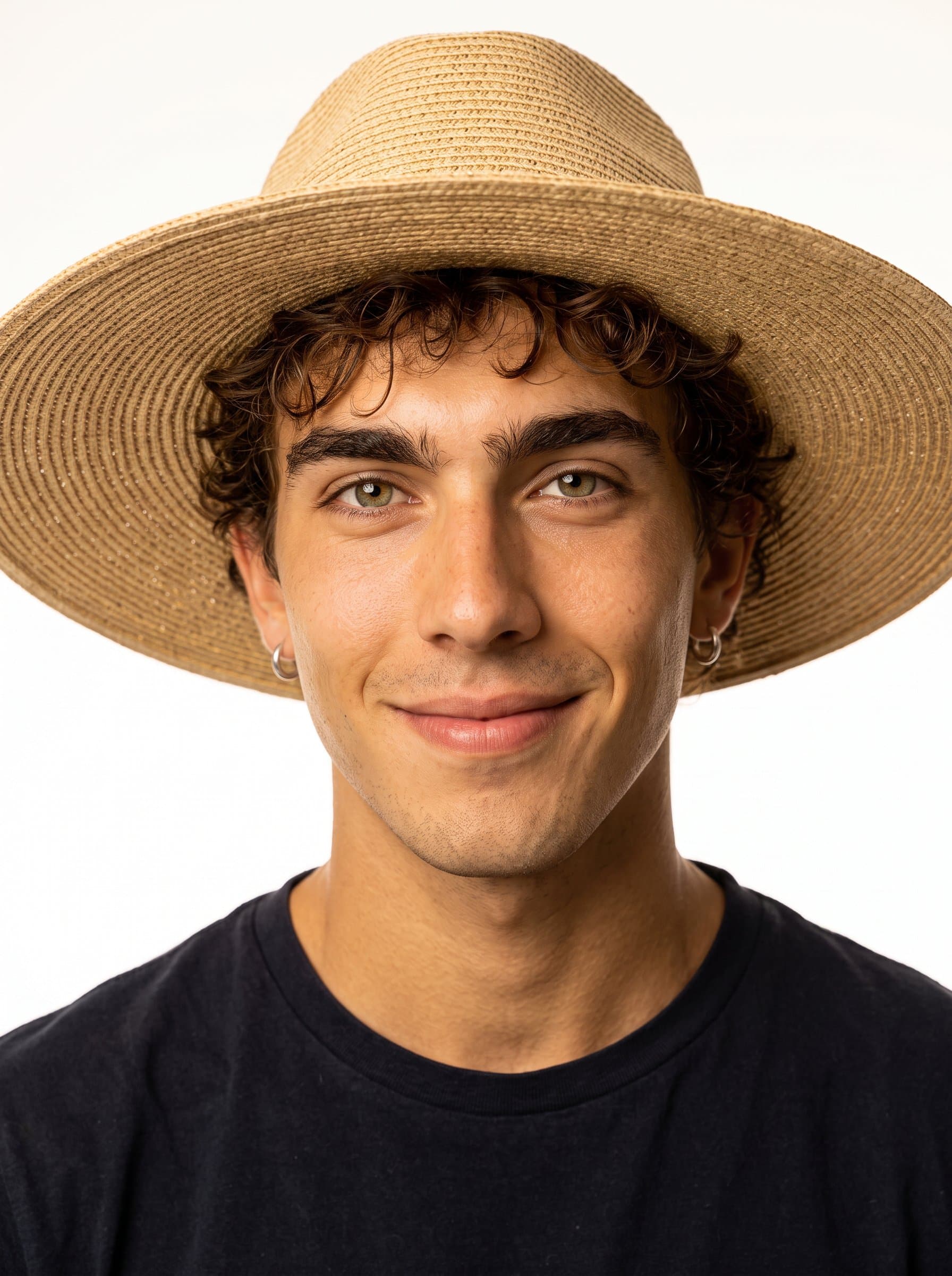 Generate a headshot with a softly smiling man under warm lighting. Position the man centrally against a simple white background, accentuating their unique facial features and conveying a welcoming aura.