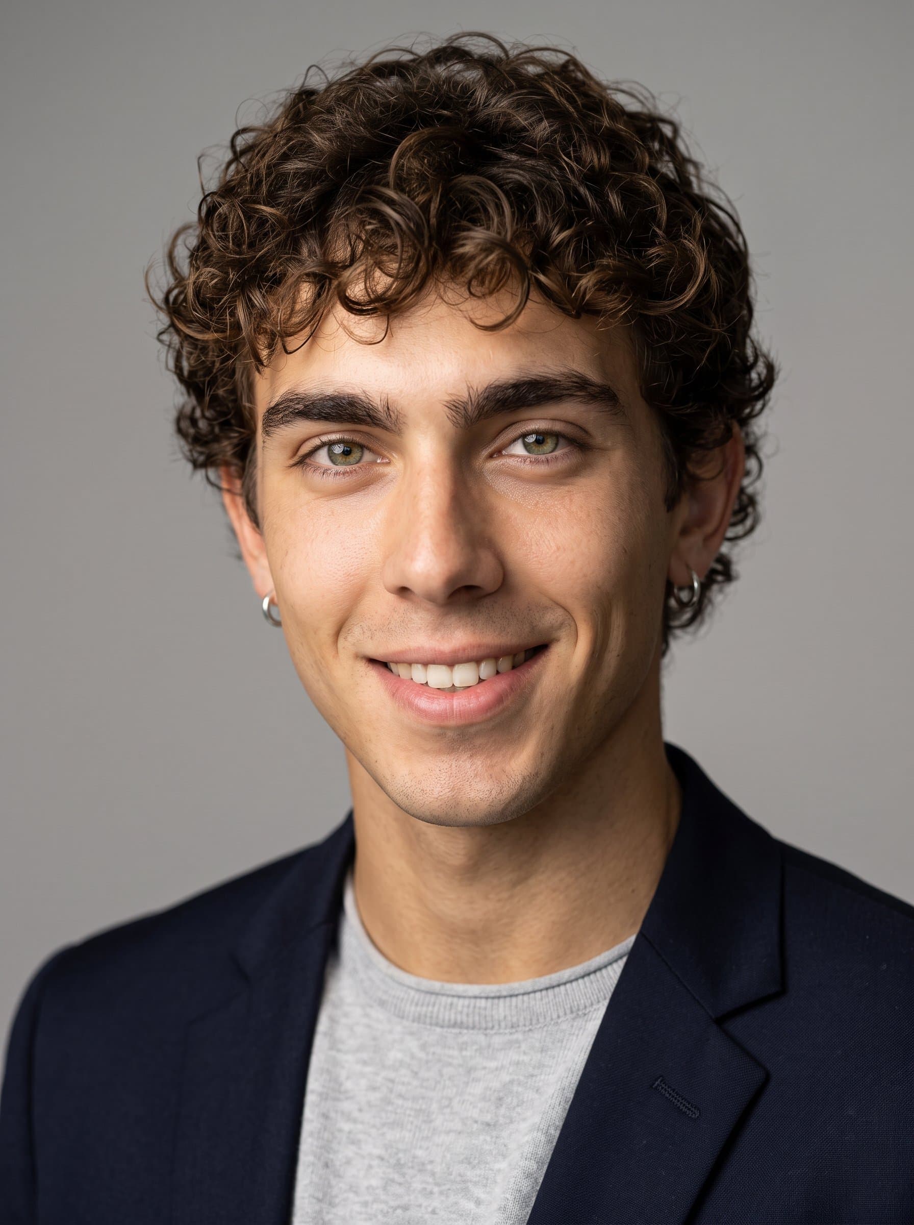 Create a headshot featuring a friendly expression and direct eye contact. Use a neutral grey backdrop to emphasize the man's neat hairstyle and well-groomed appearance, conveying a modern yet approachable vibe.