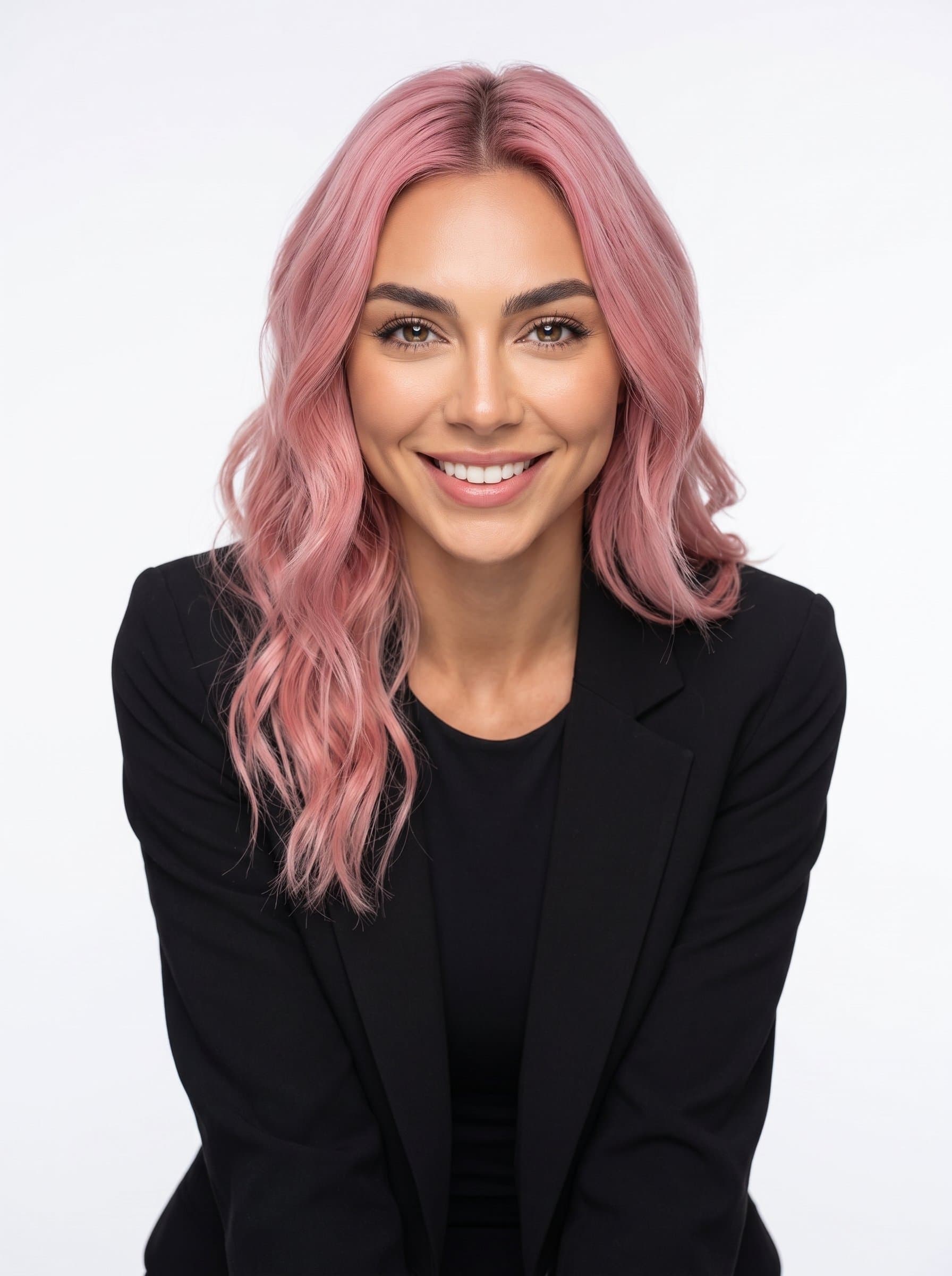 Design a headshot with the woman slightly leaning forward, projecting engagement and energy. Ensure a clean white backdrop and even lighting to emphasize the facial expression and modern sensibility.
