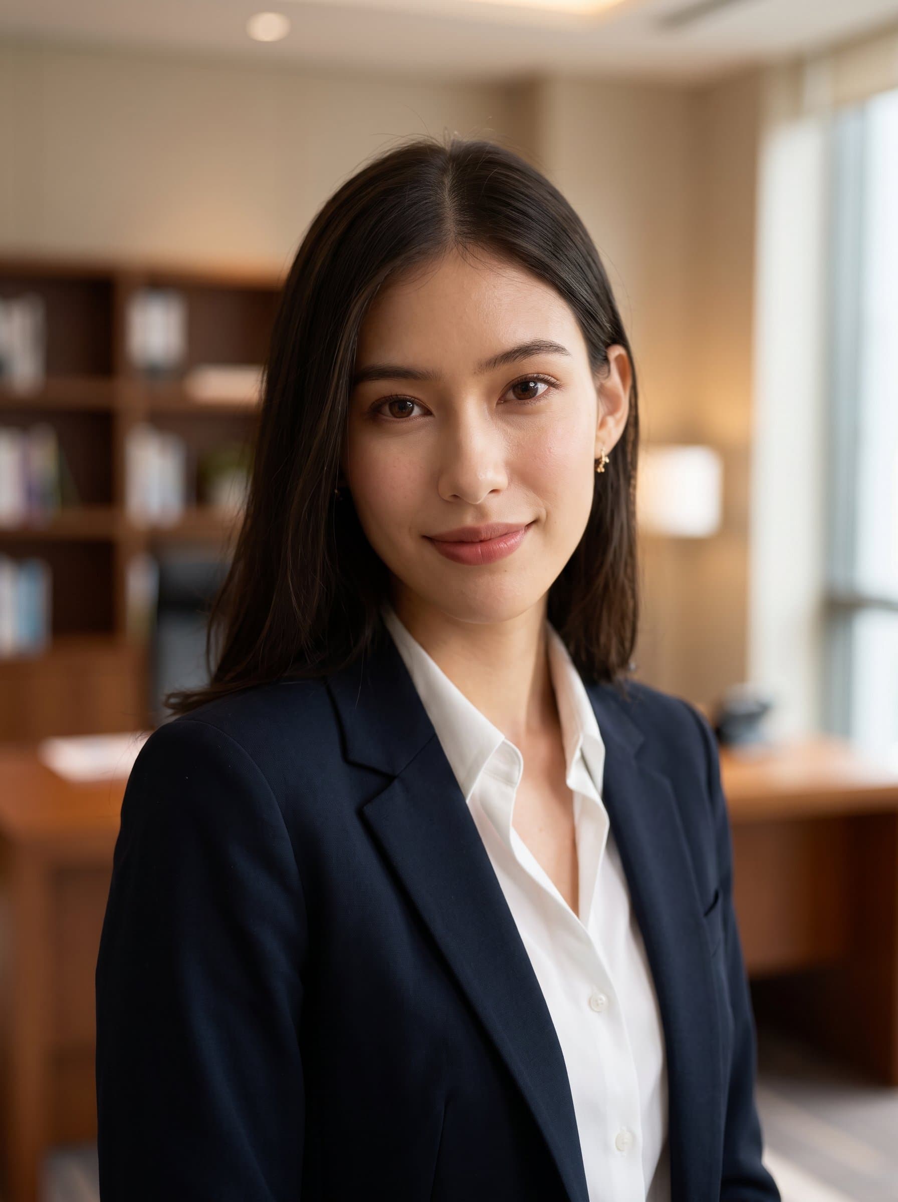 Capture a headshot featuring a woman with a gentle, thoughtful smile, against a softly blurred indoor background. Use ambient light to enhance facial details, conveying a sense of sincerity and professionalism.