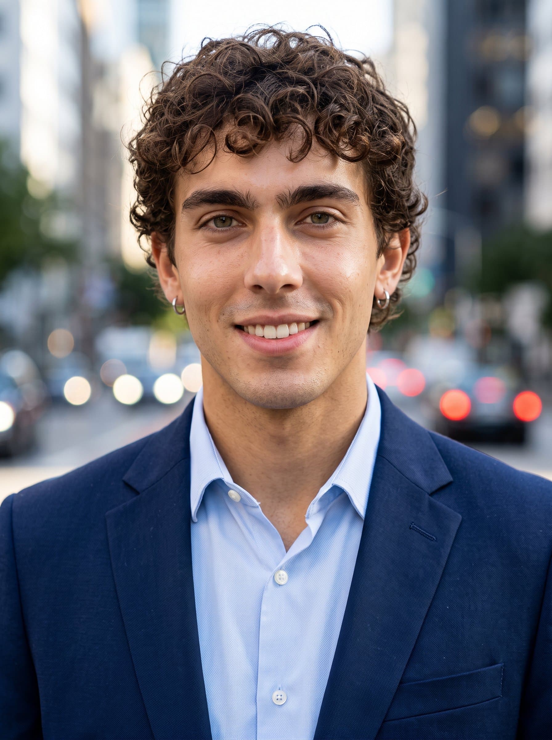 Create a headshot where the man looks confidently at the camera, positioned against a soft-focus cityscape backdrop. Capture under natural lighting, highlighting key facial features for a contemporary business look.