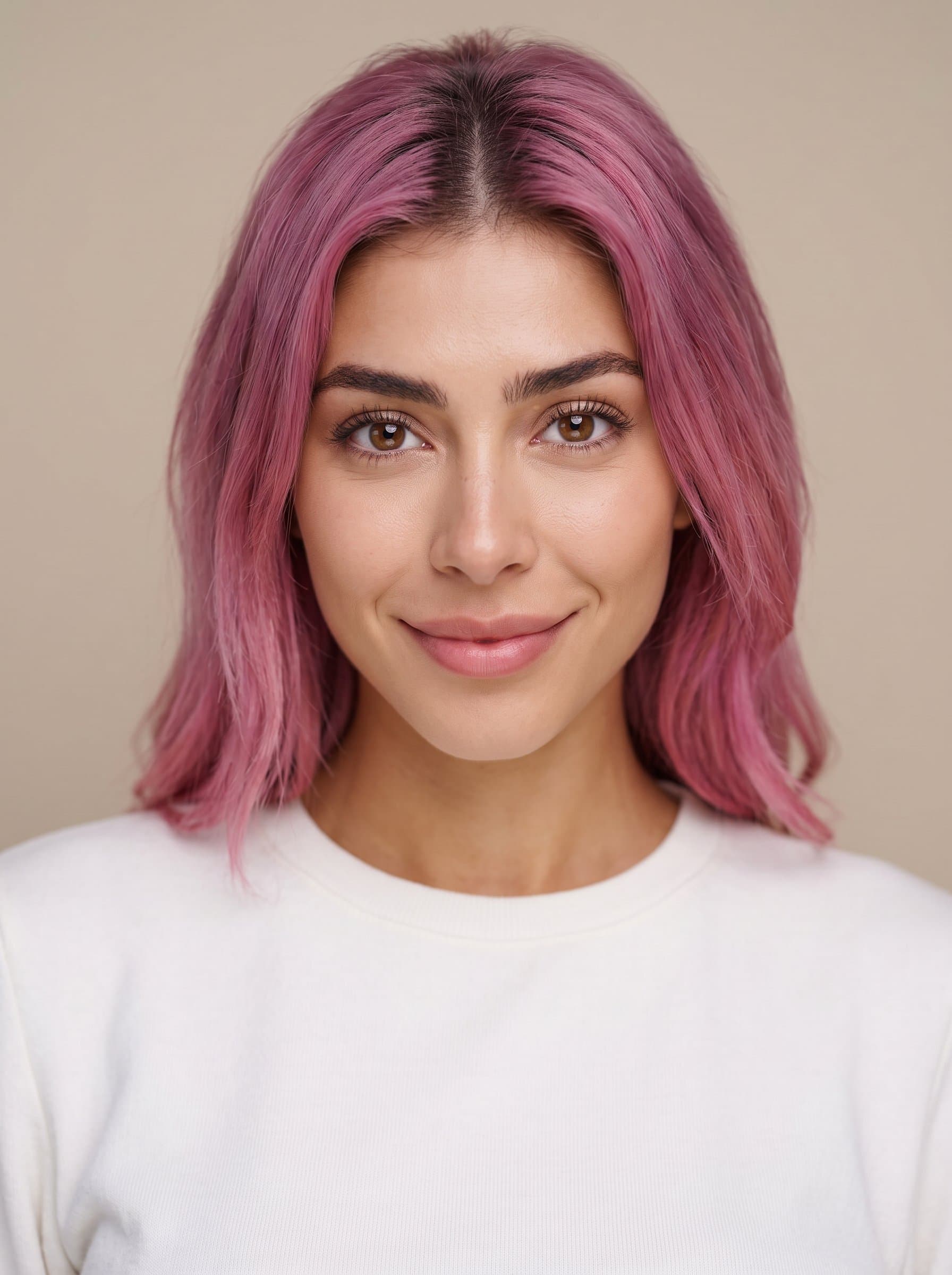 Capture a headshot where the woman's eyes convey openness and trust. Utilize balanced lighting and a seamless, muted background, allowing the face to be the centerpiece of the composition.