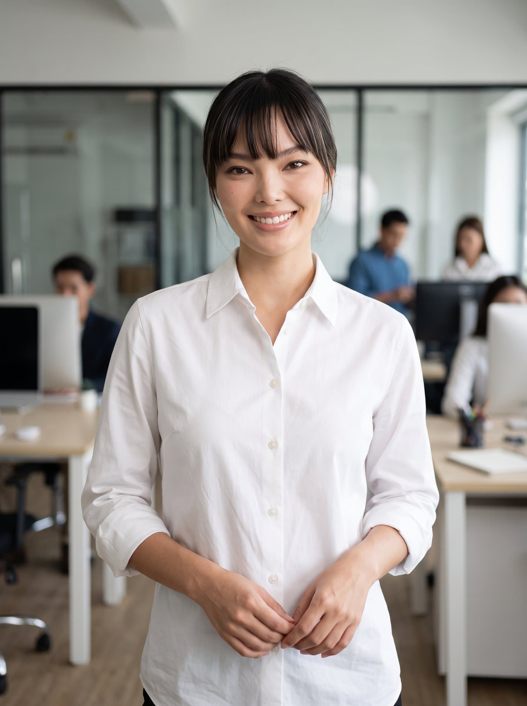 professional image of a woman with a confident smile, dressed in a classic white shirt. The lighting is balanced and even, with a modern open-plan office in the background, ideal for corporate identity.