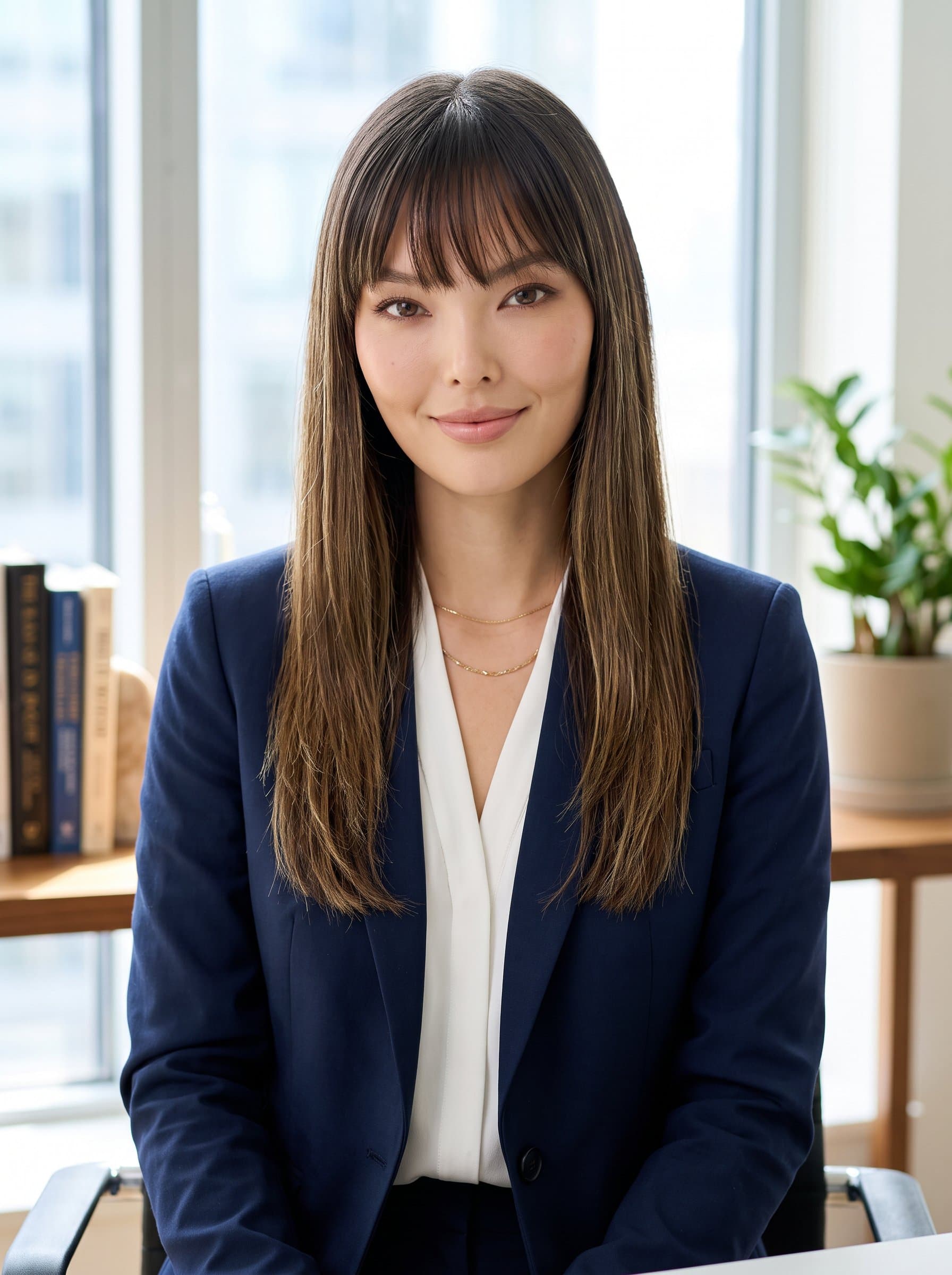 formal photo of an woman with a poised posture, wearing an elegant outfit. Daylight streaming through the window complements the professional setting, providing a versatile image for networking sites and virtual meetings.
