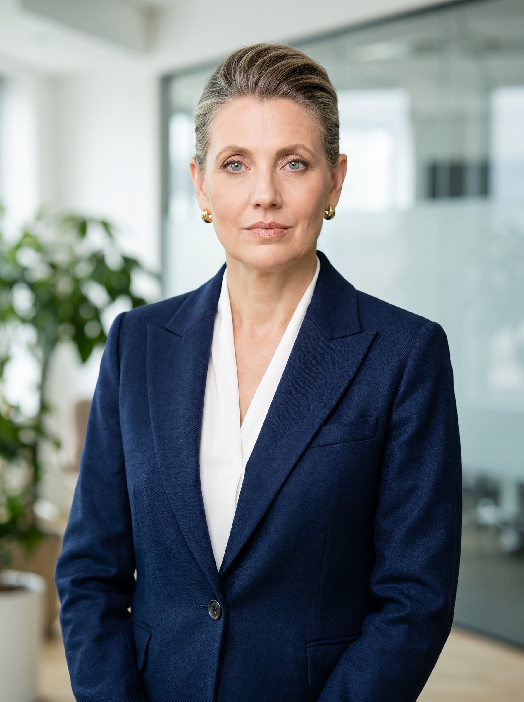 corporate portrait with soft studio lighting, showcasing a serene expression. woman stands against a blurred office background, wearing a tailored suit, conveying professionalism suitable for an online profile photo.