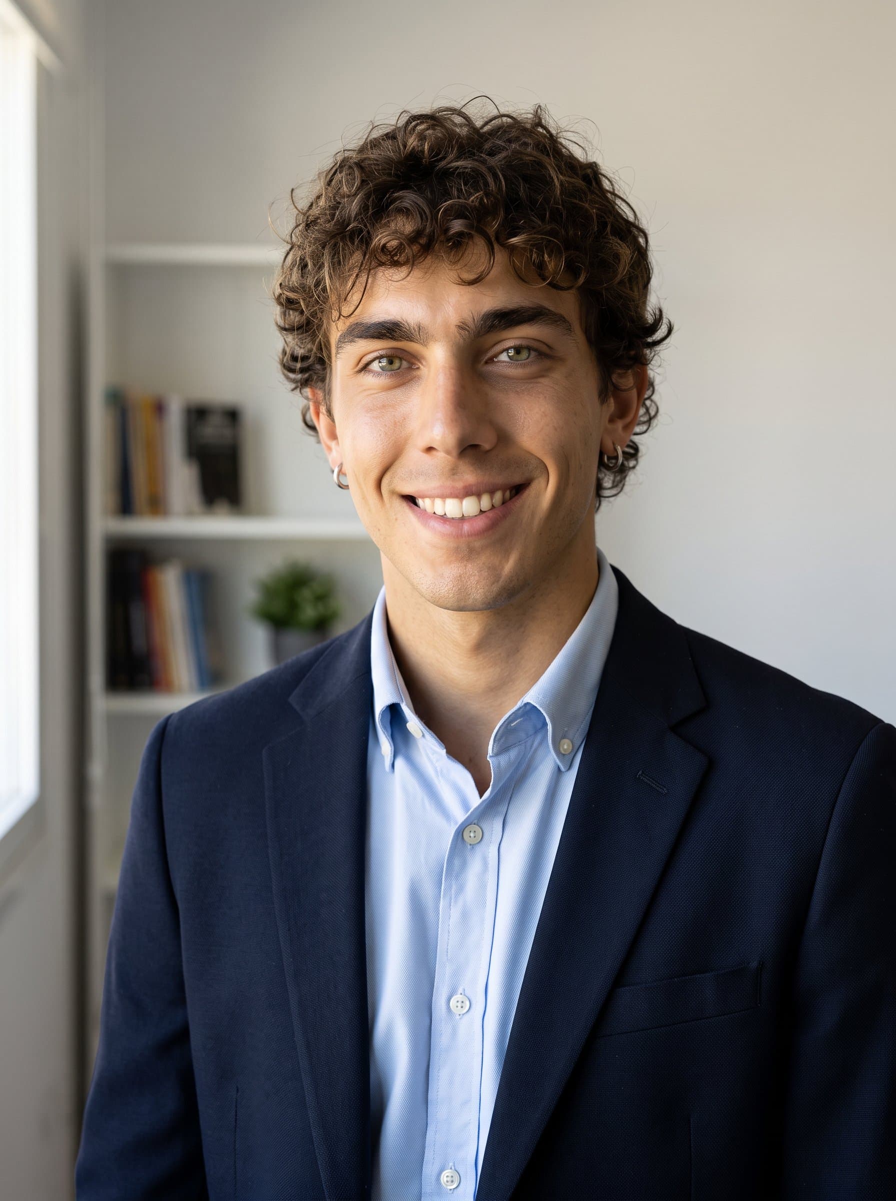 headshot featuring an man in a smart casual outfit, captured with natural window light highlighting facial features. The backdrop is a minimalist office with subtle decor, exuding confidence and approachability for Microsoft Teams.