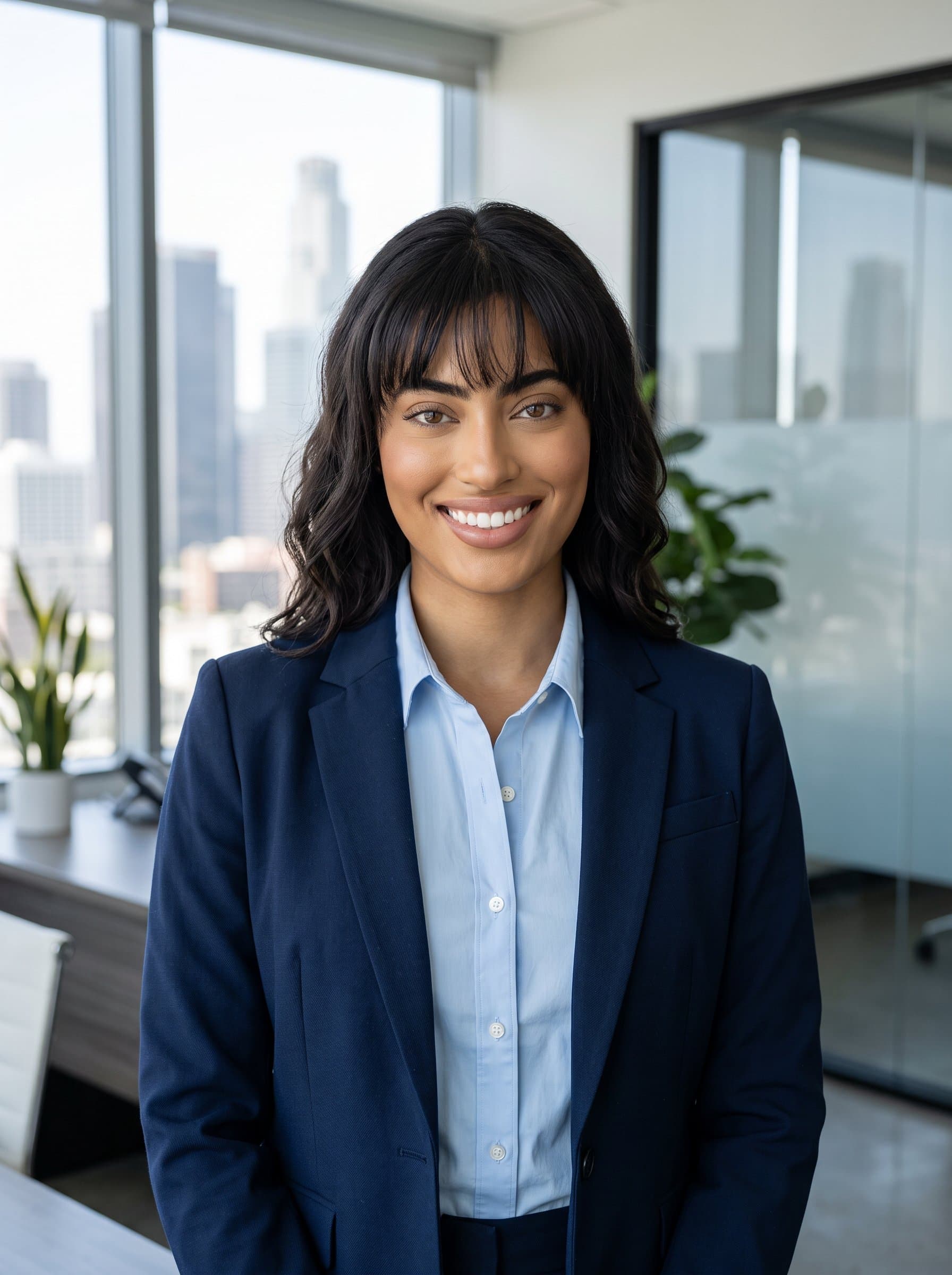 portrait in a high-rise office environment, capturing a woman in a dark blazer. The lighting casts a flattering glow on the face, with cityscape views subtly visible through large windows, perfect for online profiles.