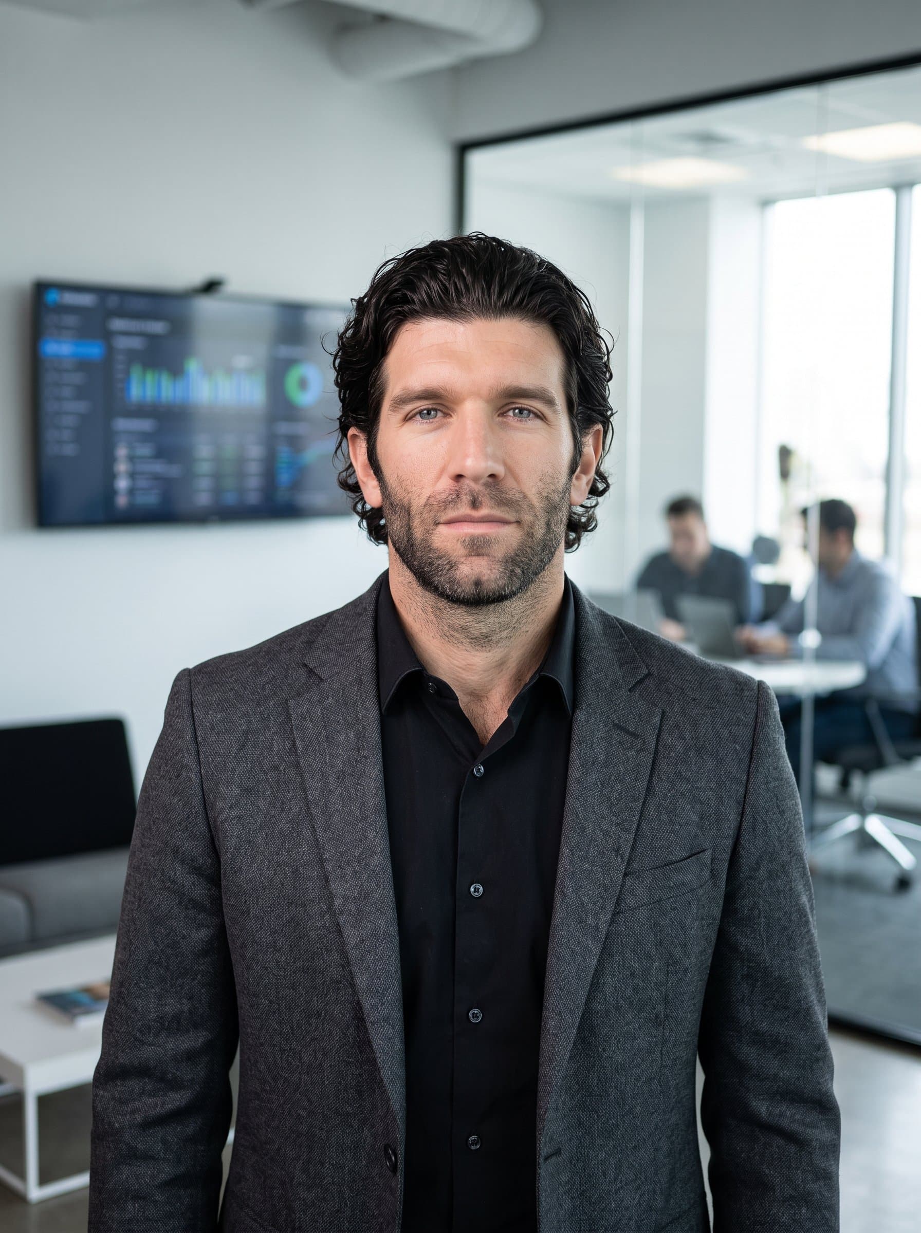 executive headshot with a man in tech industry attire, featuring direct eye contact and a neutral expression. Soft lighting and a digital-themed office setting underline the professionalism required for corporate communications.