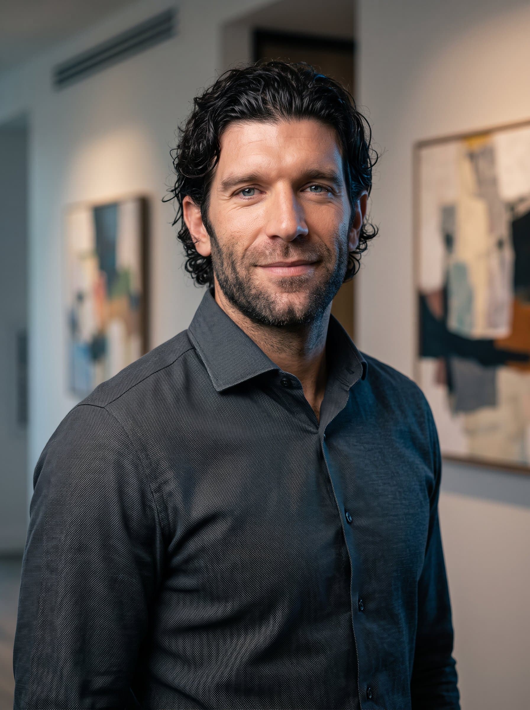 polished headshot of a man in a sleek collared shirt, captured in an office with contemporary art on the walls. The lighting is creative yet professional, ensuring the image stands out in digital portfolios.