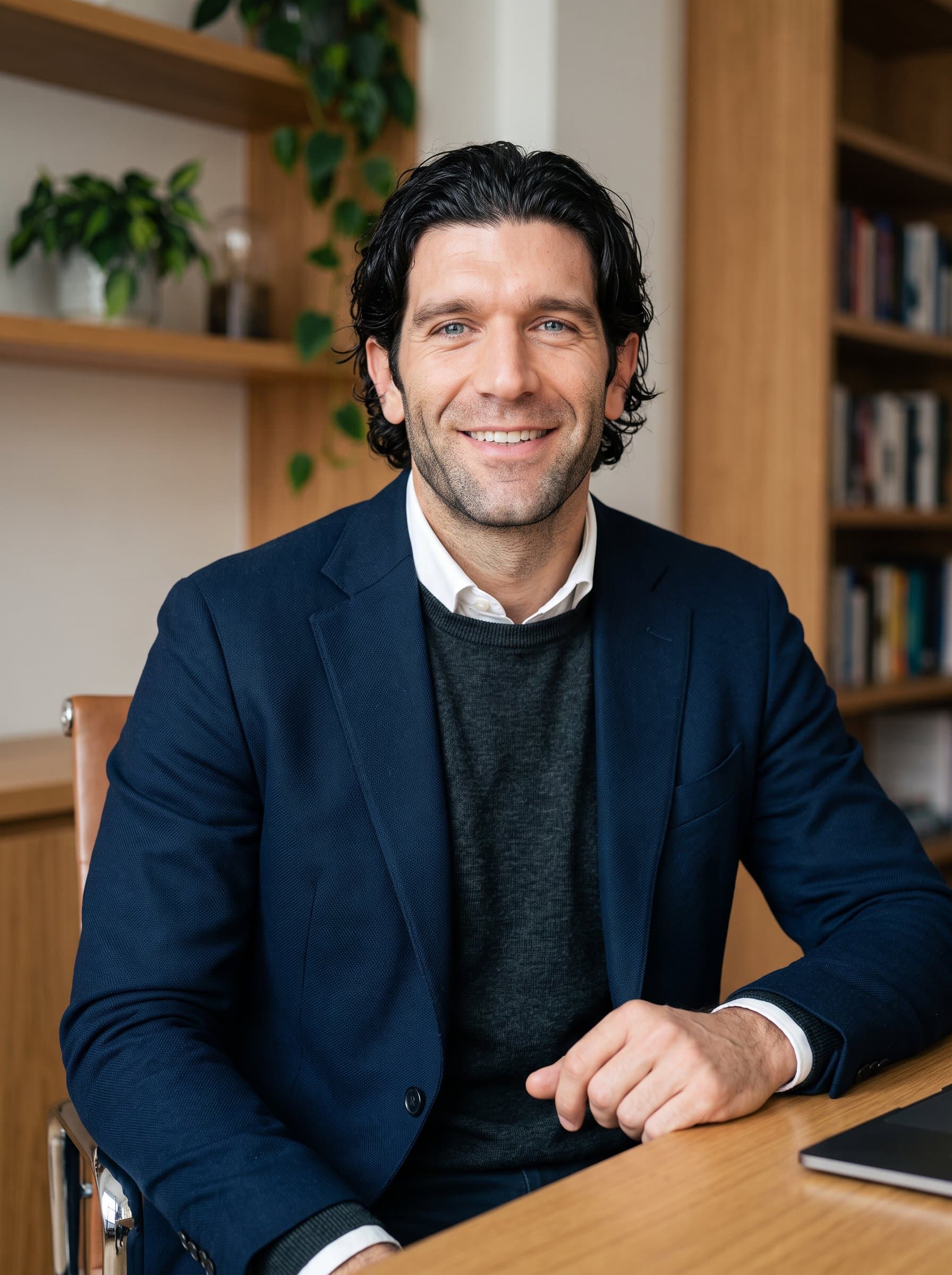 candid corporate headshot depicting an man in relaxed yet professional attire, with warm tones in the background of a tastefully furnished office. The lighting highlights facial features, ideal for team introductions online.