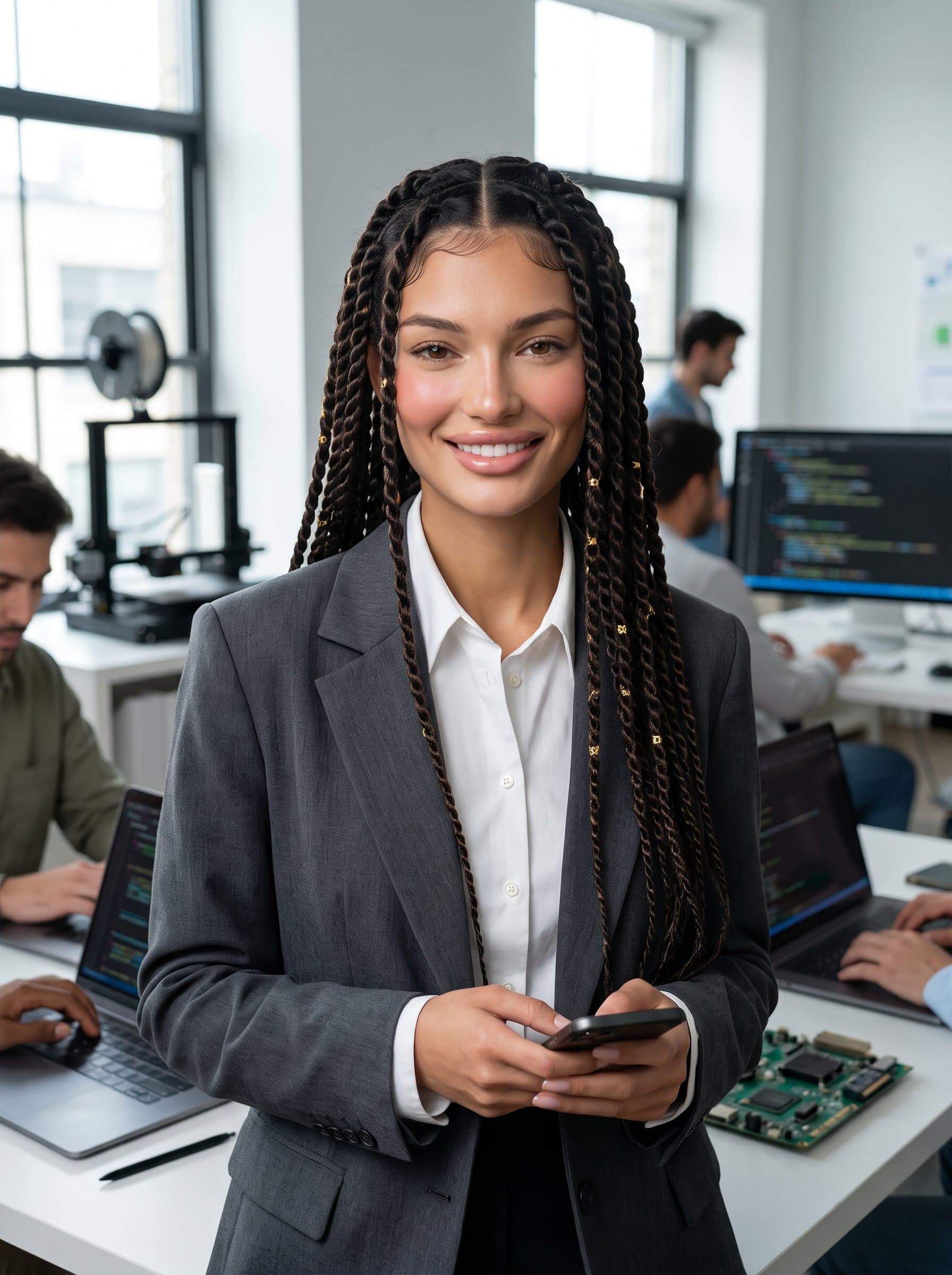 dynamic headshot of a woman in a tech startup environment, wearing a modern business ensemble. Bright, indirect lighting and tech gadgets subtly included in the background create a cutting-edge corporate image.