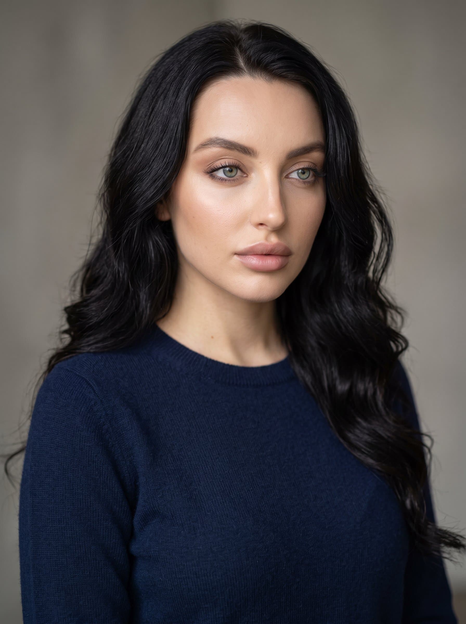 studio-quality headshot showing a thoughtful expression on a woman wearing a simple, sophisticated top. The neutral background and soft-focus effect emphasize the woman, creating an impactful image for business purposes.