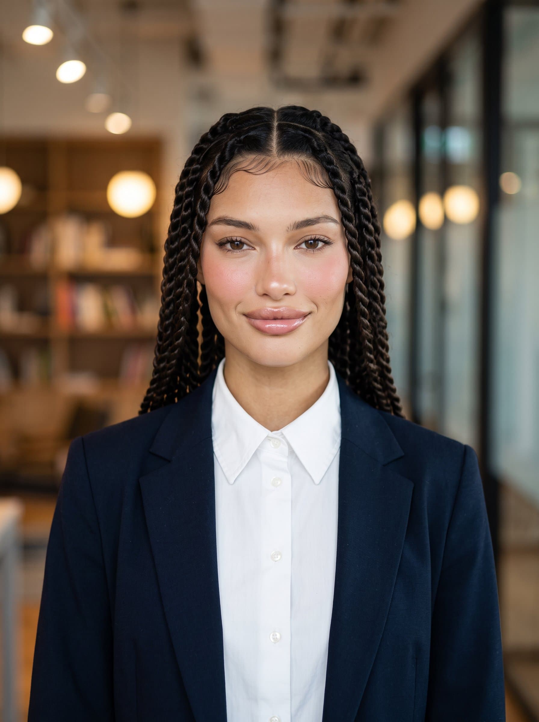 elegant headshot of a woman in a crisp, professional shirt, with a soft, blurred office interior behind. The lighting highlights both expression and attire, creating an image perfect for corporate communication tools.