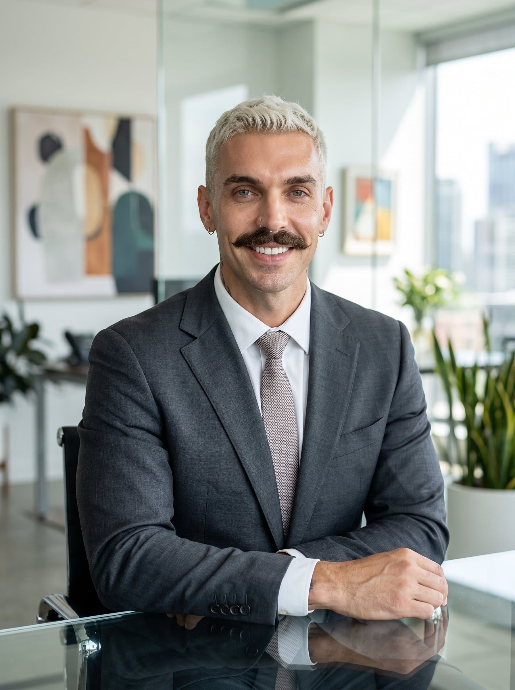 inspiring corporate headshot with a man looking directly at the camera, wearing a sophisticated business suit. The background is a modern office space with abstract art, ensuring a standout image for professional purposes.