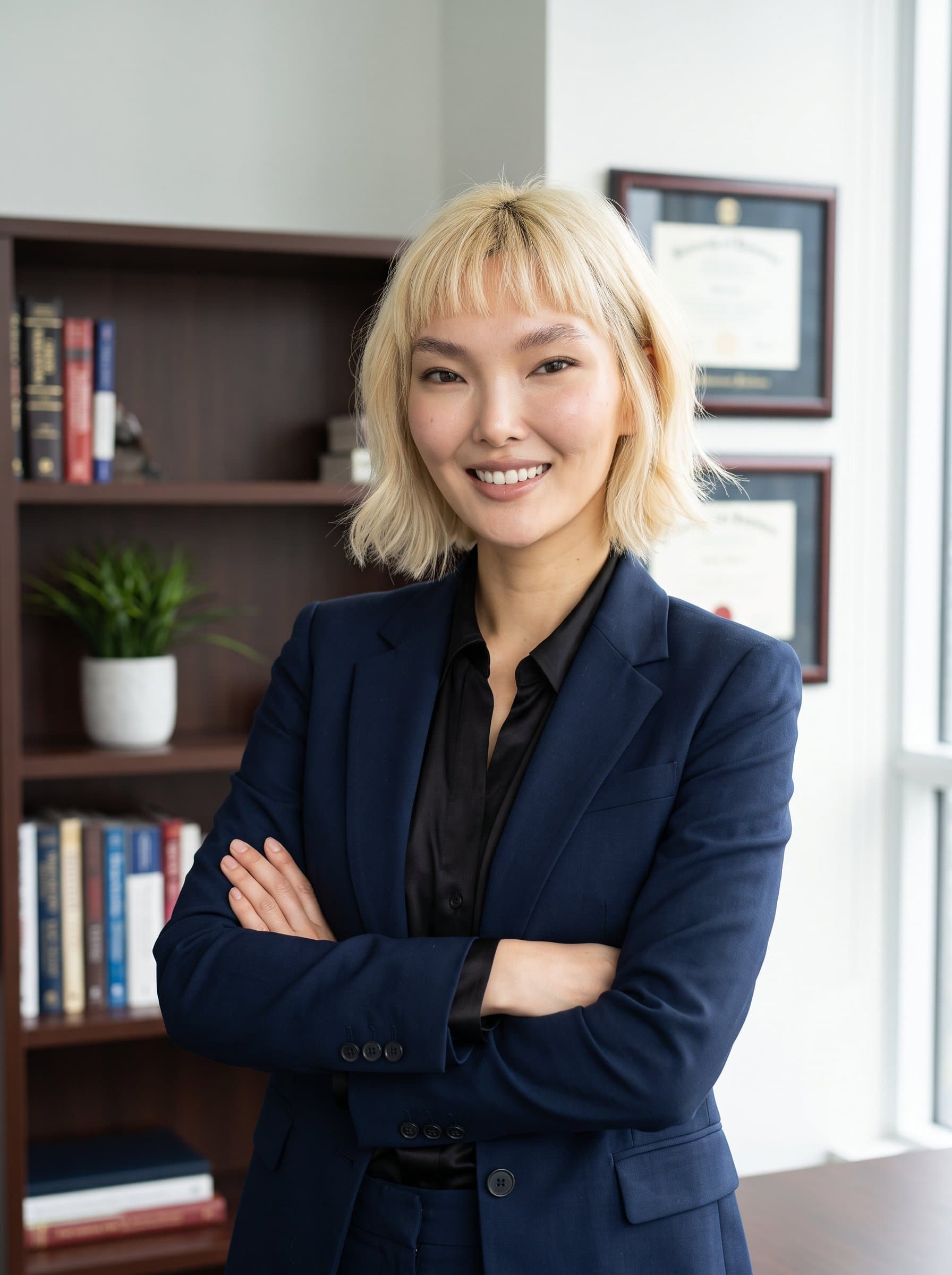 business portrait of a woman standing with arms crossed, dressed in a tailored blazer. The well-lit workspace with bookshelves in the background conveys intellect and reliability, suitable for online professional engagement.