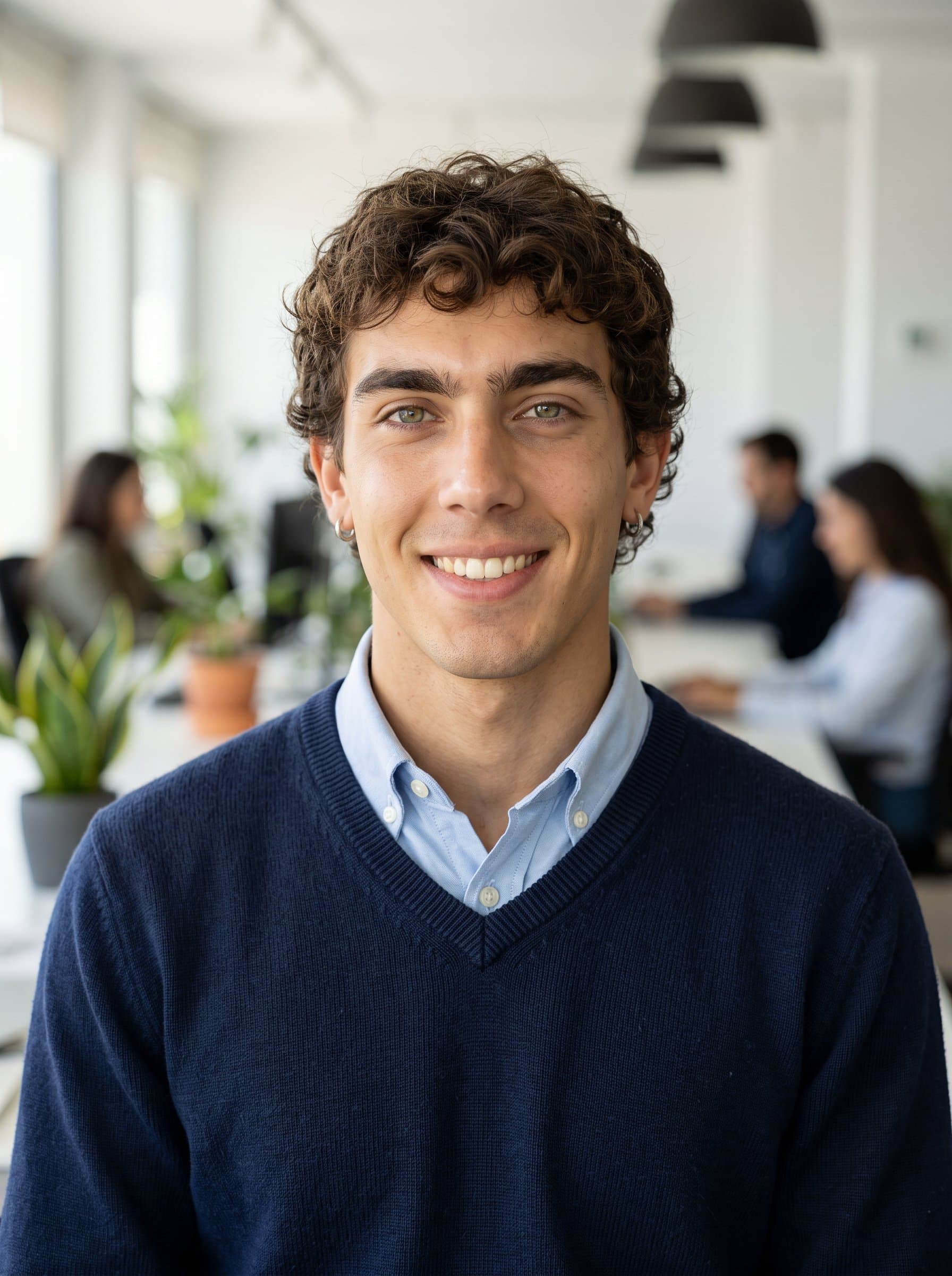 approachable corporate headshot showing an man in a sweater and collared shirt. Captured in an open office with soft natural light, this image serves well in fostering professional connections online.